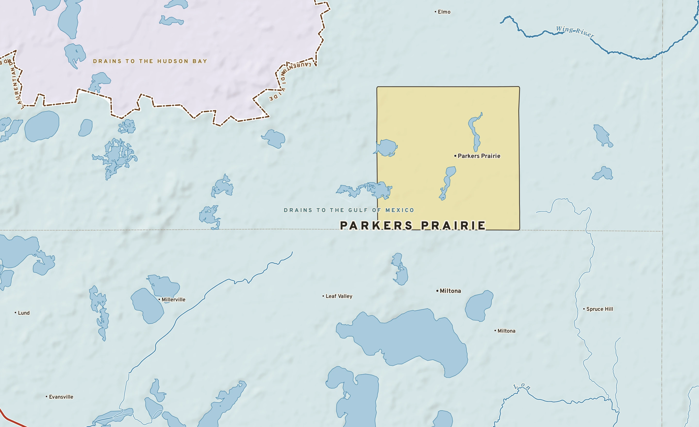 Shaded-relief atlas plate of Parkers Prairie, Minnesota: rivers, roads, the city limits and where the water drains.
