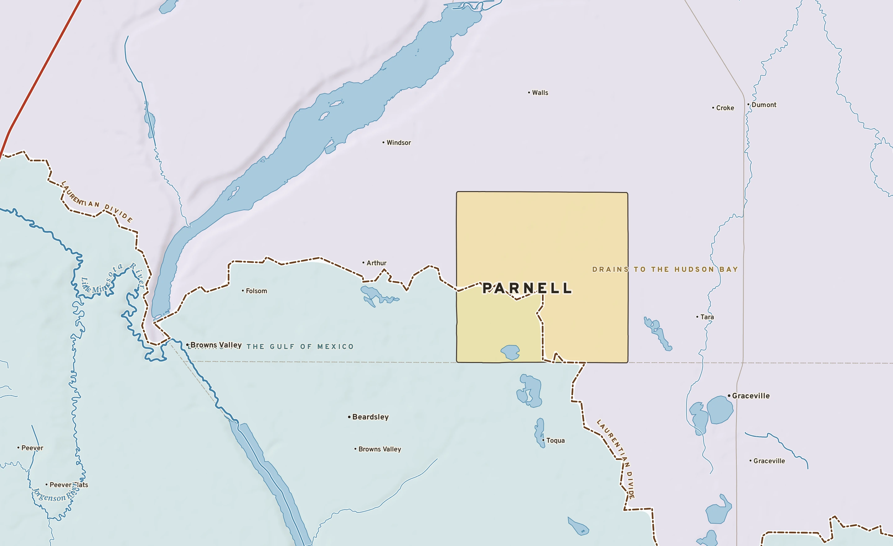 Shaded-relief atlas plate of Parnell, Minnesota: rivers, roads, the city limits and where the water drains.