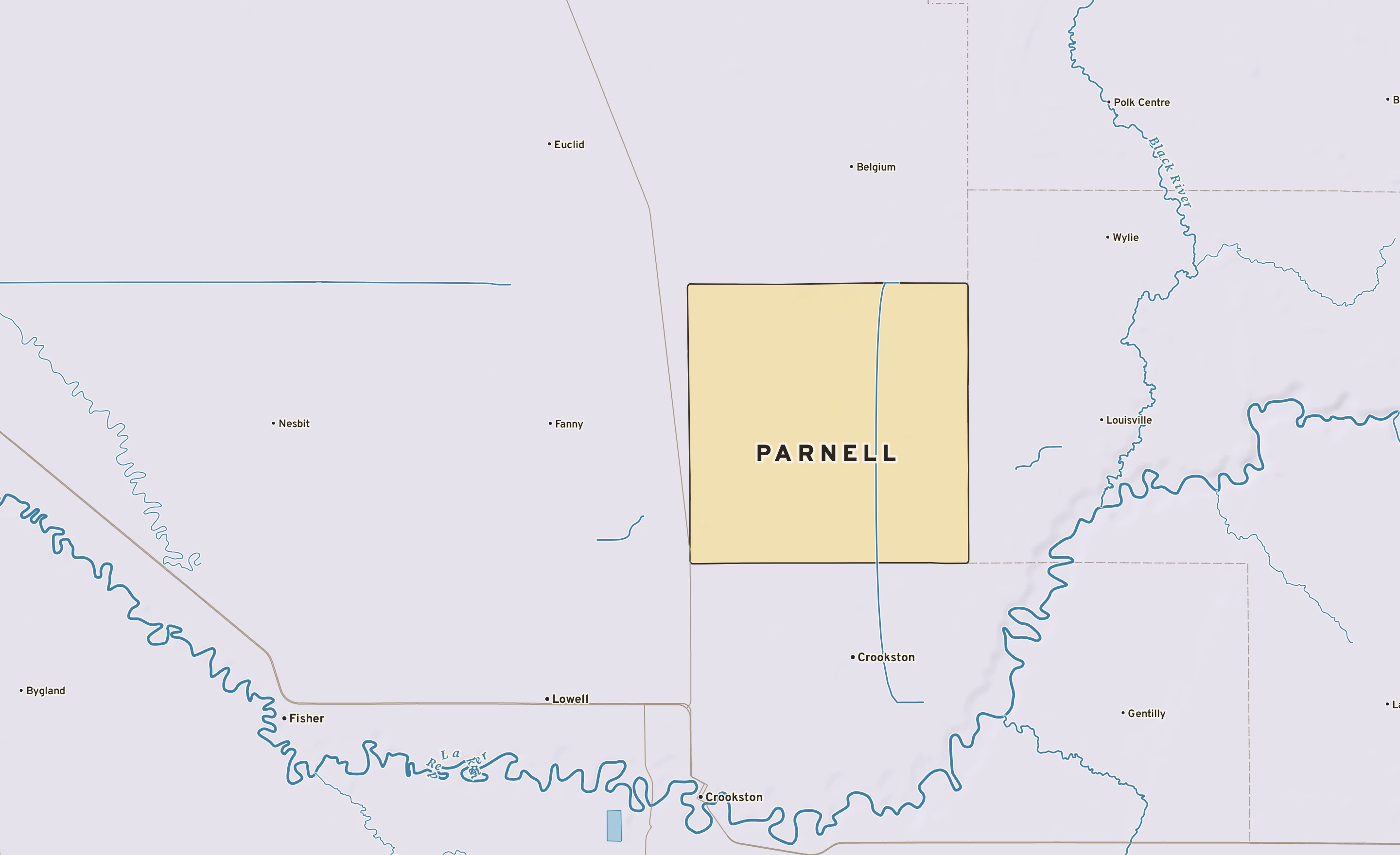 Shaded-relief atlas plate of Parnell, Minnesota: rivers, roads, the city limits and where the water drains.
