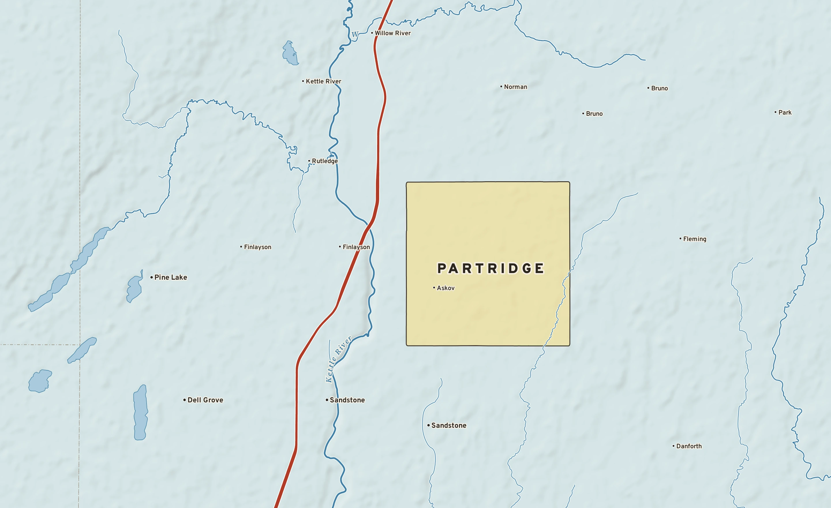 Shaded-relief atlas plate of Partridge, Minnesota: rivers, roads, the city limits and where the water drains.