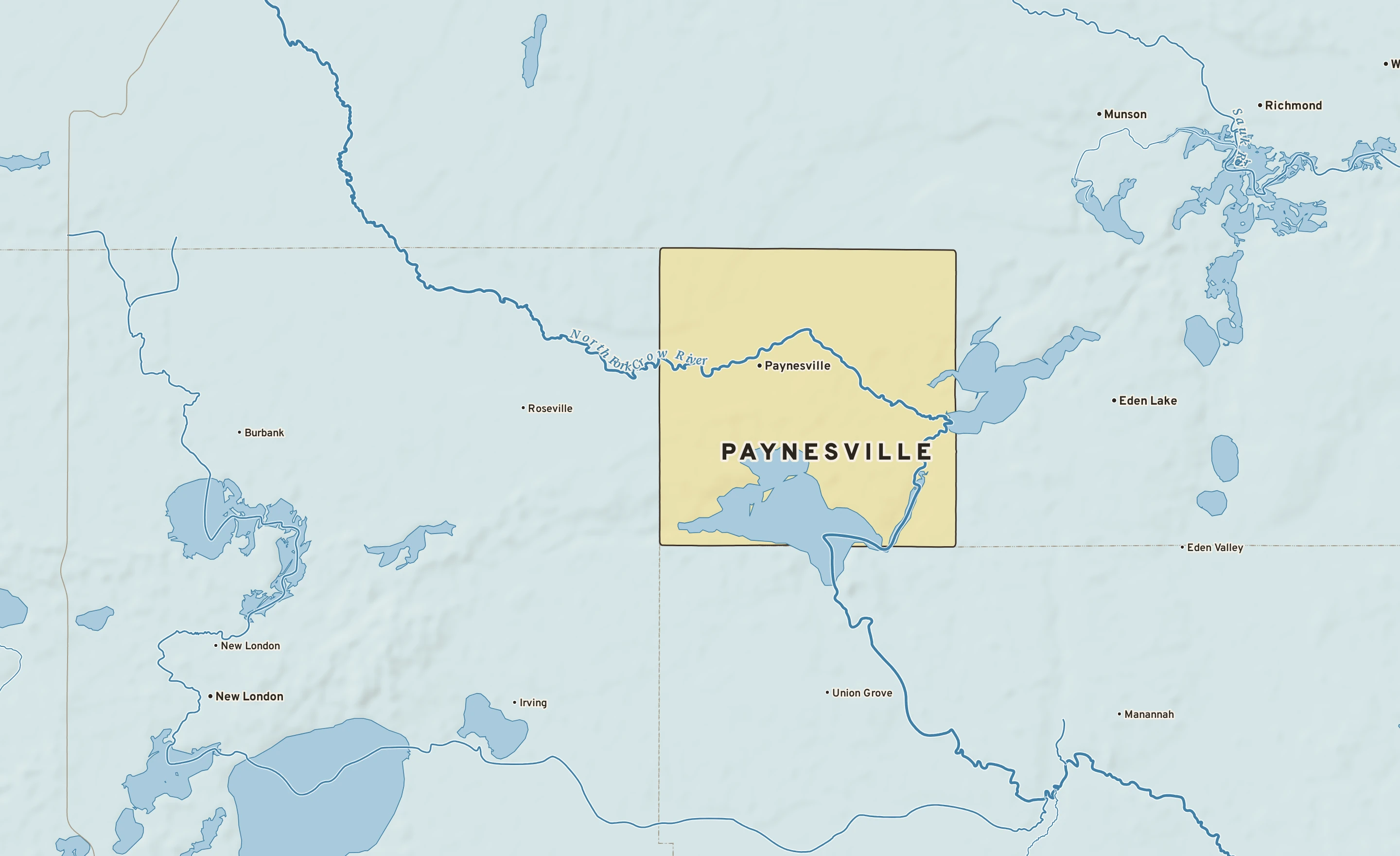 Shaded-relief atlas plate of Paynesville, Minnesota: rivers, roads, the city limits and where the water drains.