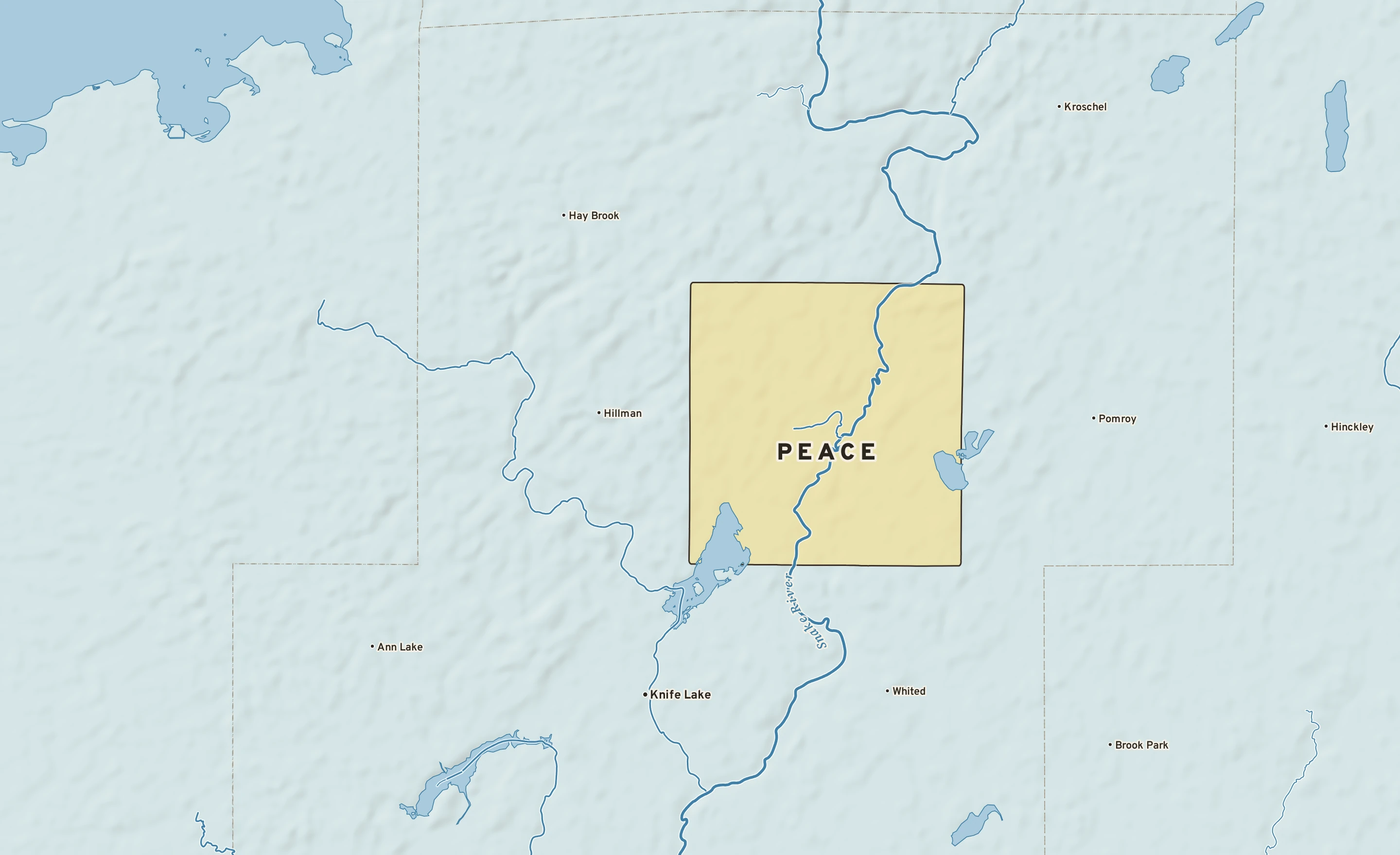 Shaded-relief atlas plate of Peace, Minnesota: rivers, roads, the city limits and where the water drains.