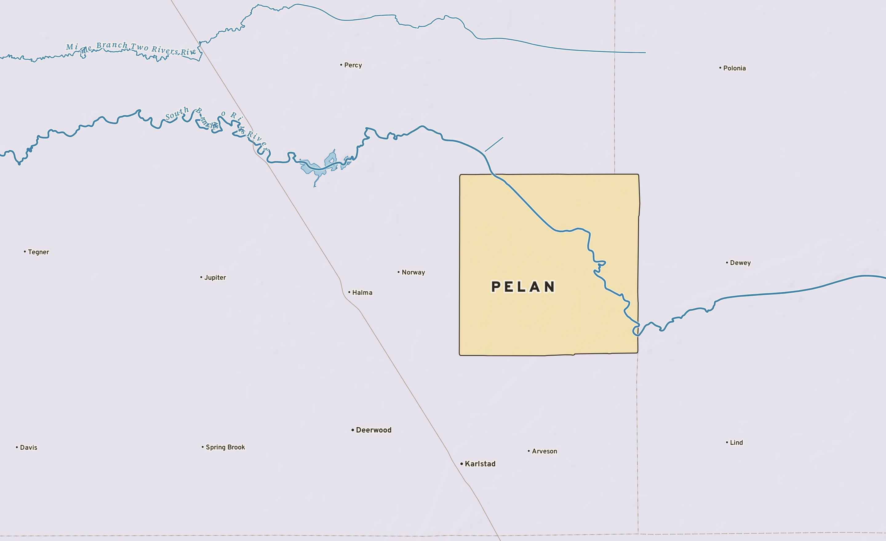 Shaded-relief atlas plate of Pelan, Minnesota: rivers, roads, the city limits and where the water drains.