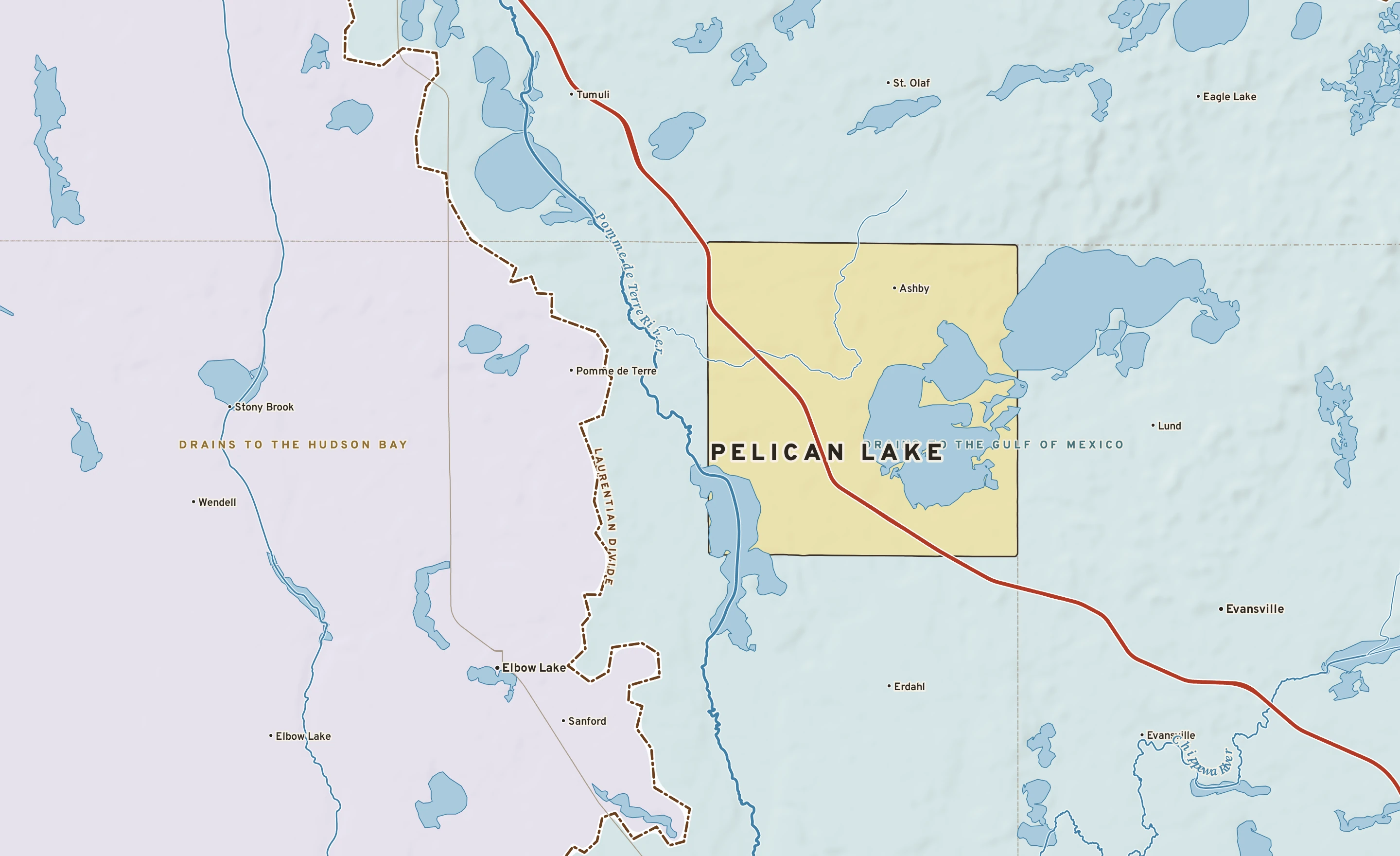 Shaded-relief atlas plate of Pelican Lake, Minnesota: rivers, roads, the city limits and where the water drains.