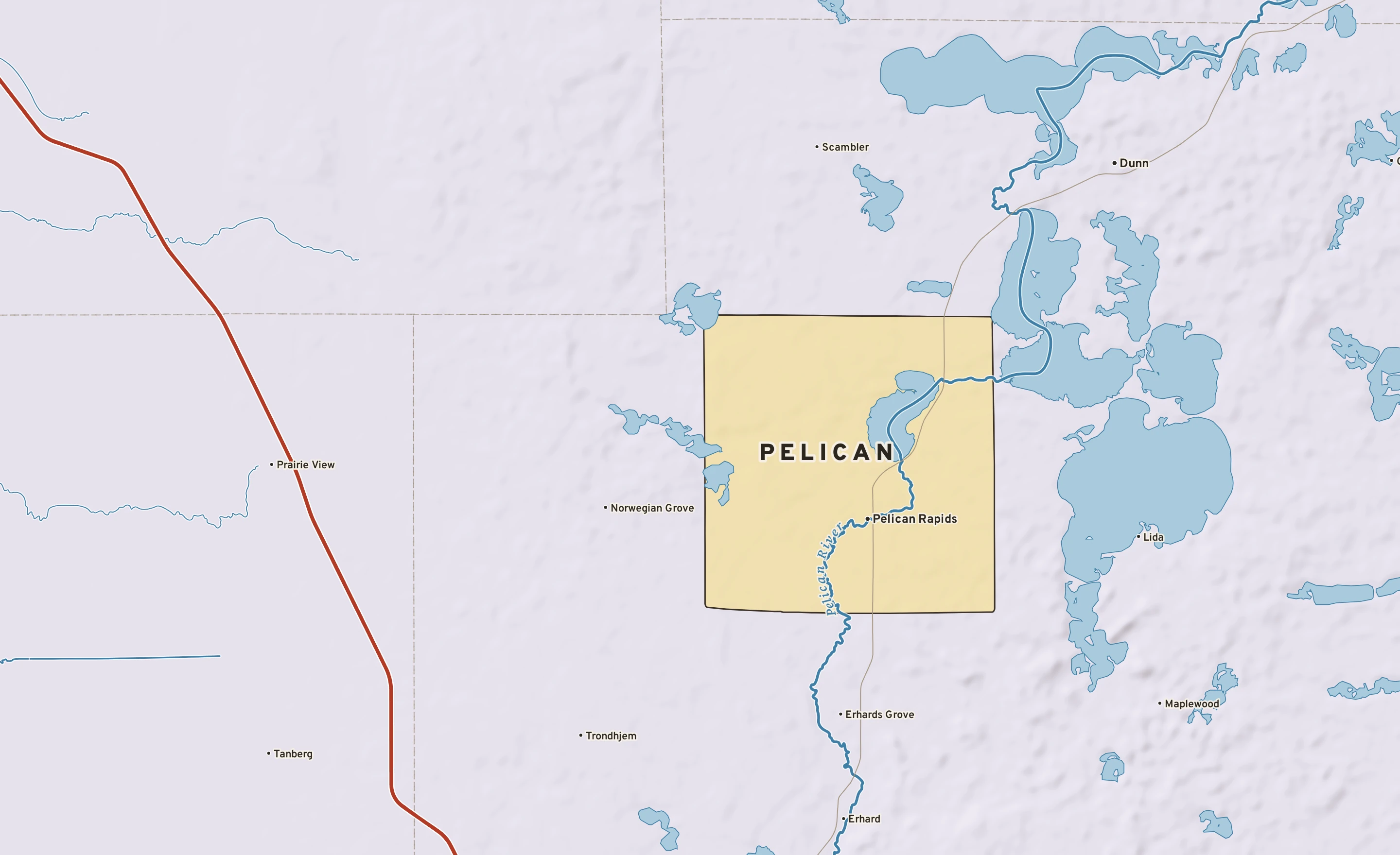 Shaded-relief atlas plate of Pelican, Minnesota: rivers, roads, the city limits and where the water drains.