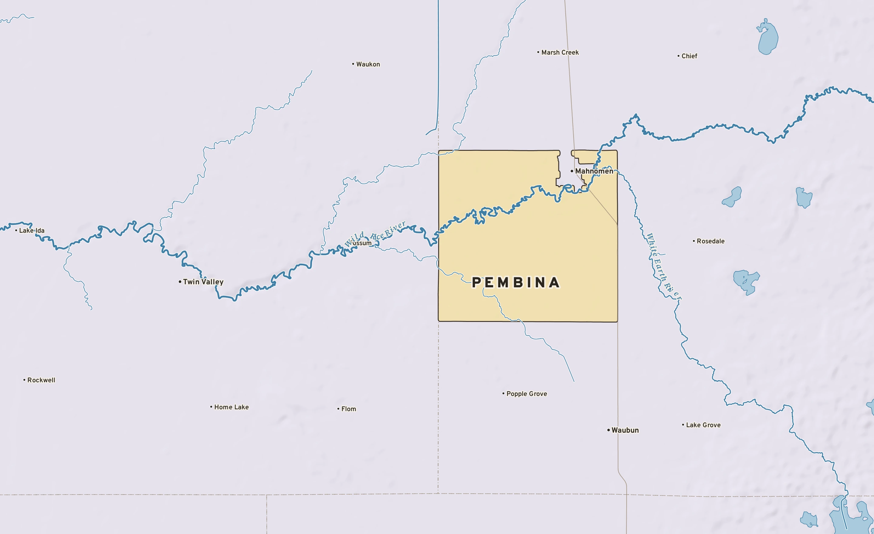 Shaded-relief atlas plate of Pembina, Minnesota: rivers, roads, the city limits and where the water drains.