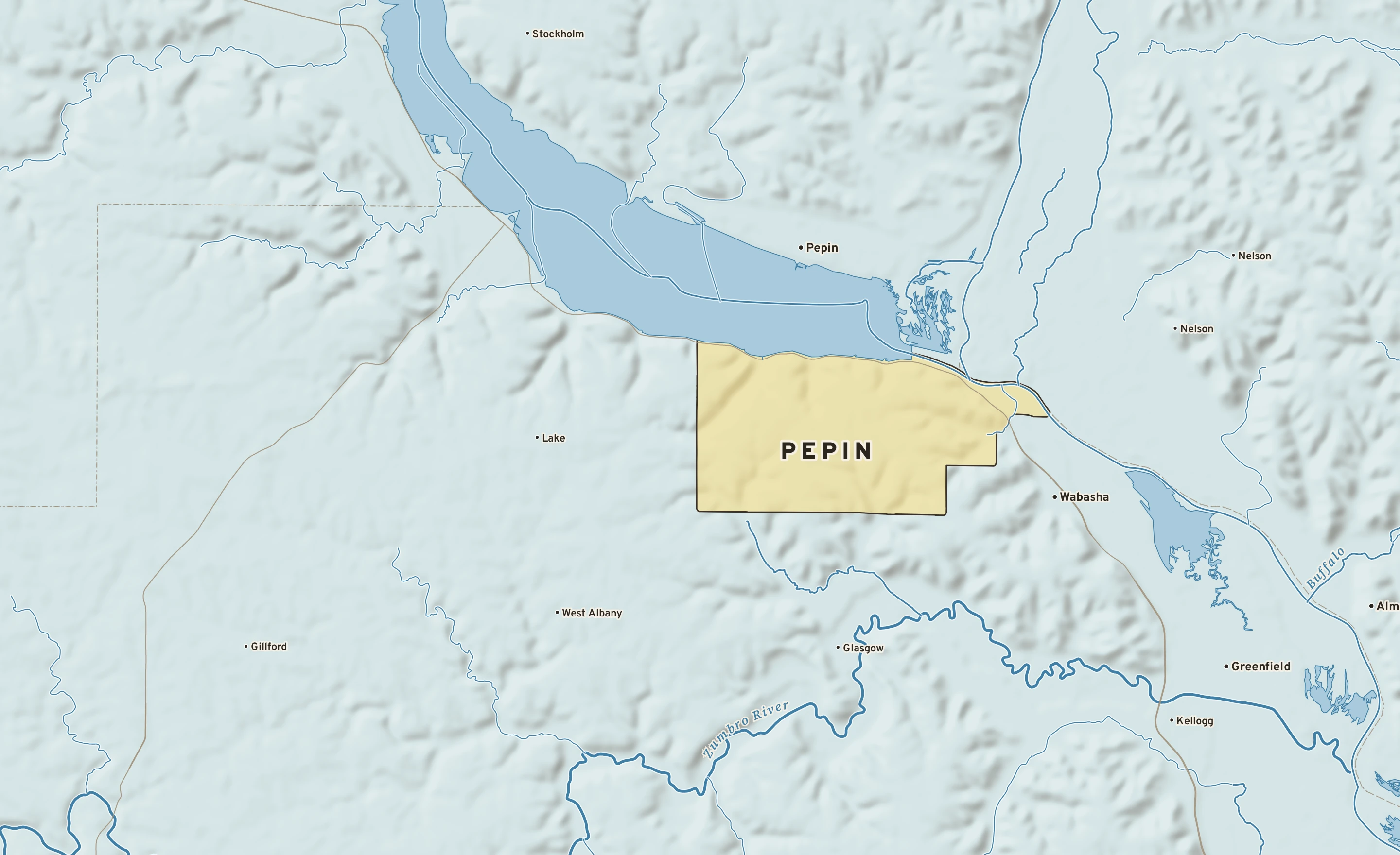 Shaded-relief atlas plate of Pepin, Minnesota: rivers, roads, the city limits and where the water drains.