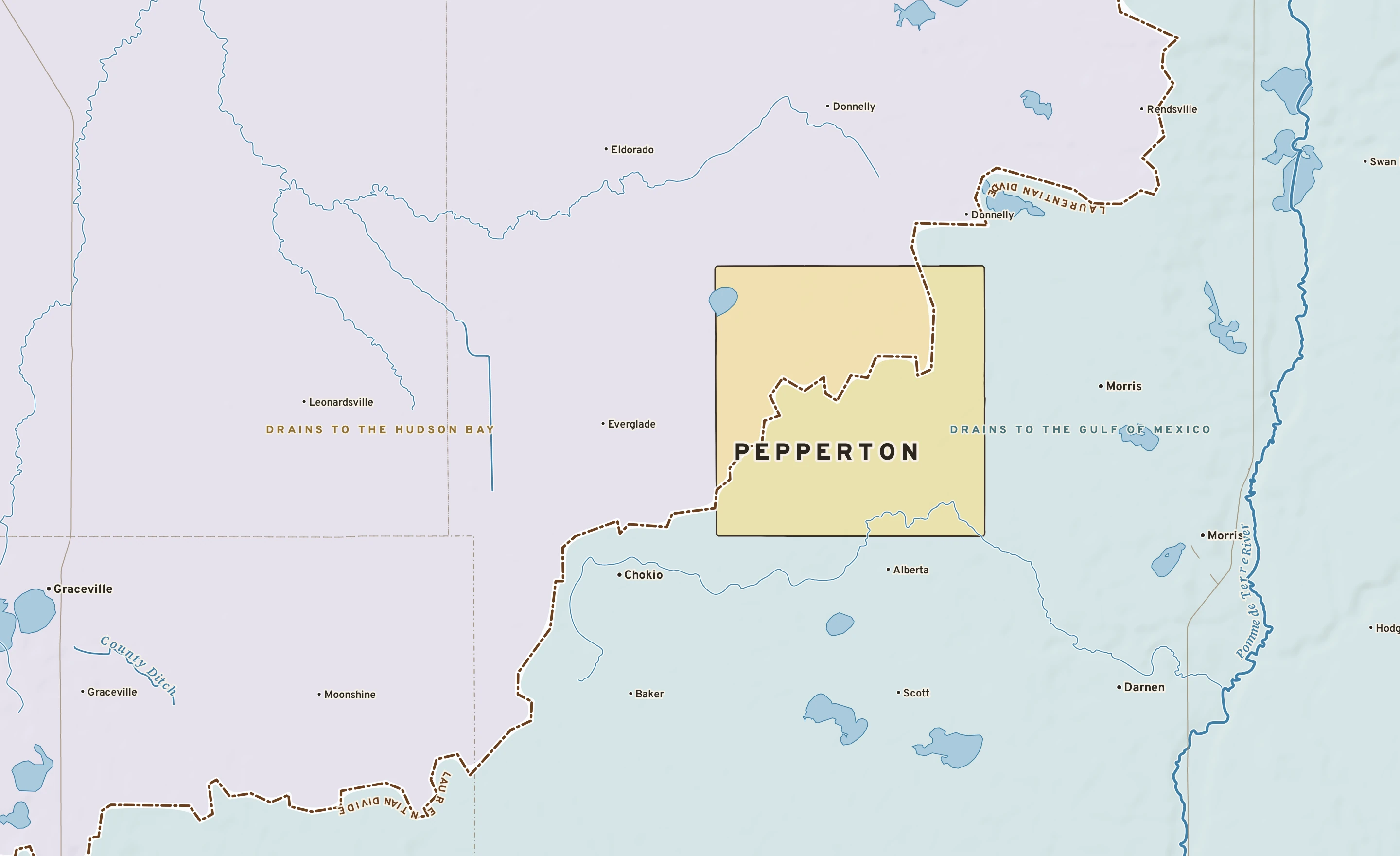 Shaded-relief atlas plate of Pepperton, Minnesota: rivers, roads, the city limits and where the water drains.