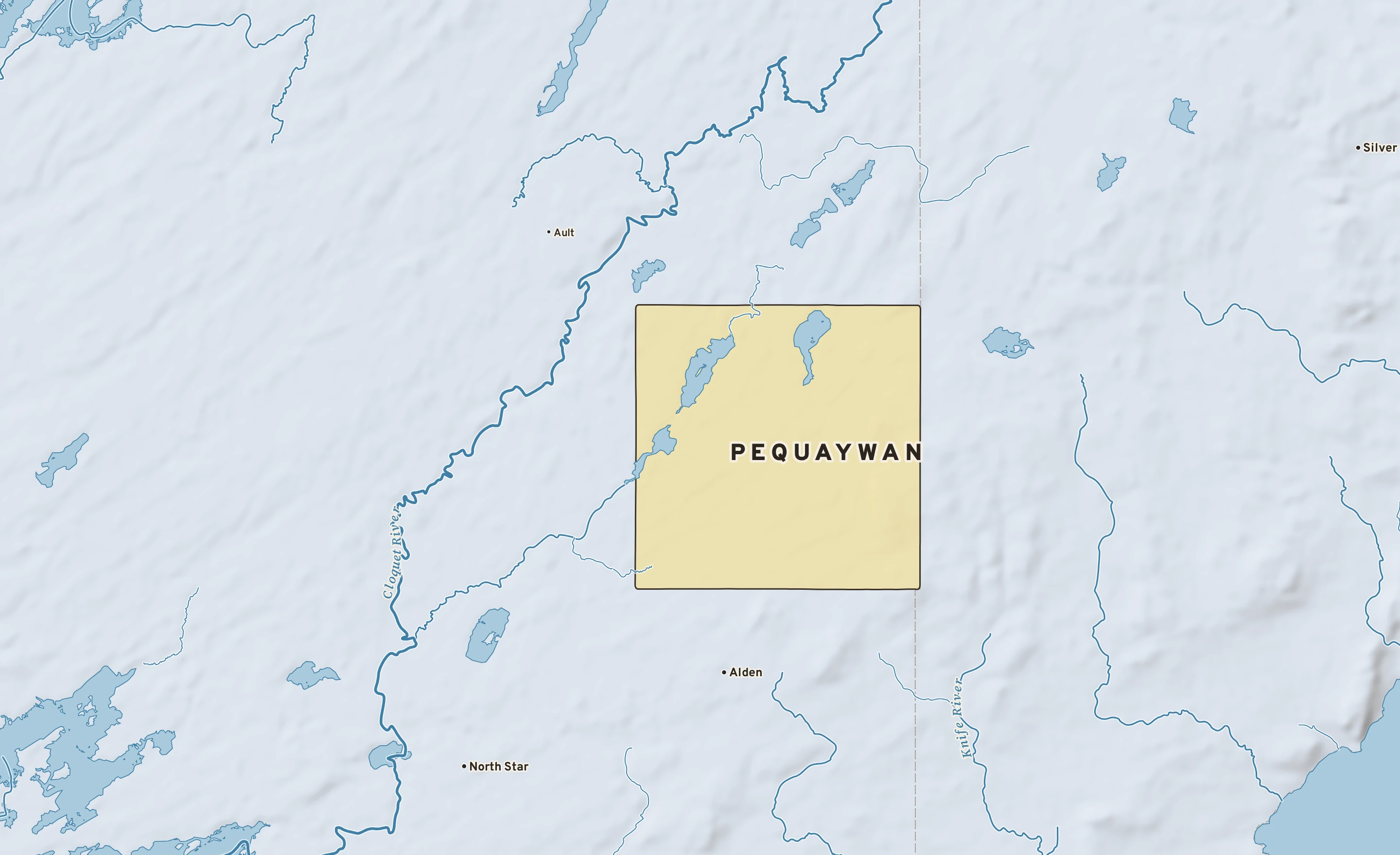 Shaded-relief atlas plate of Pequaywan, Minnesota: rivers, roads, the city limits and where the water drains.