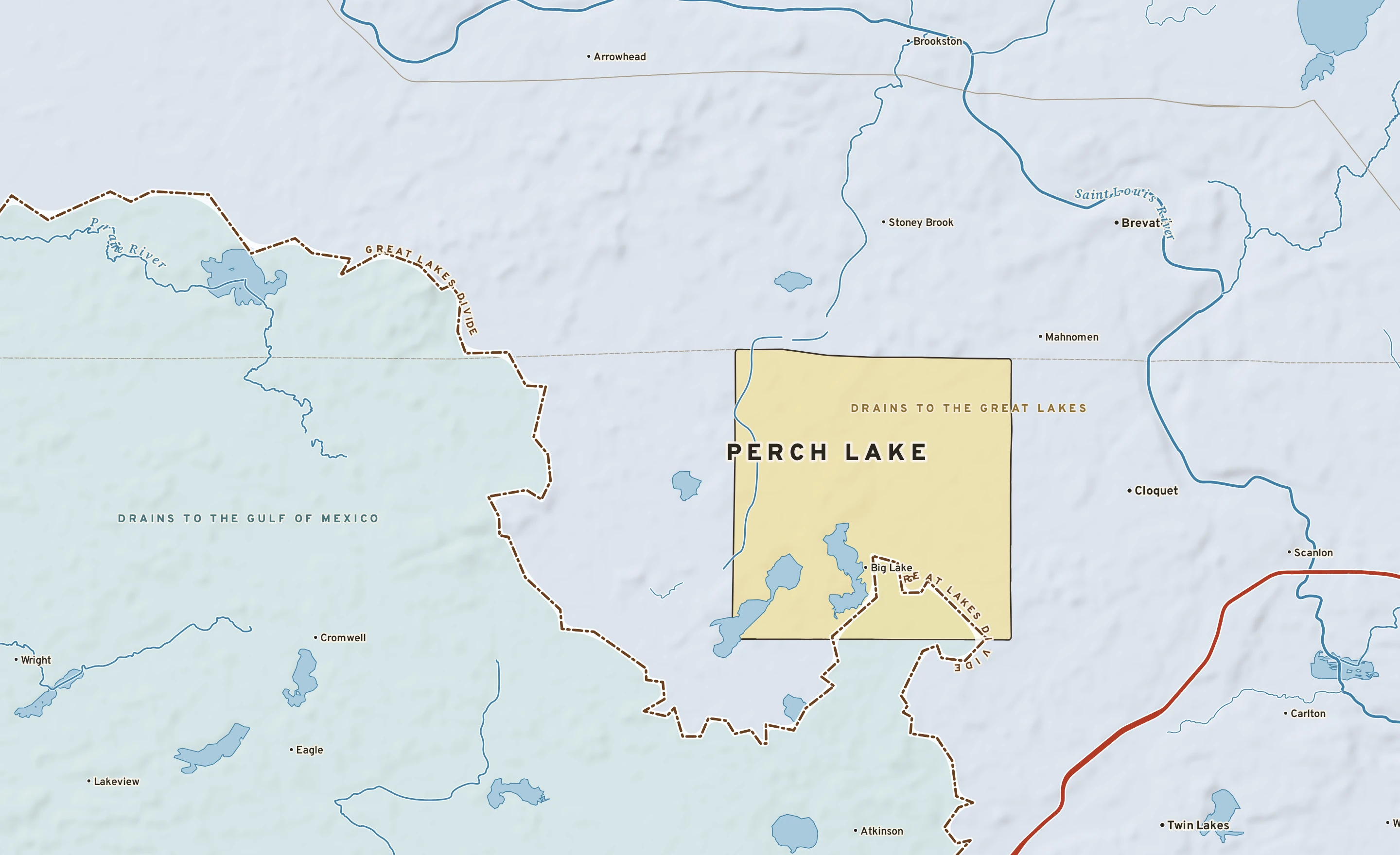 Shaded-relief atlas plate of Perch Lake, Minnesota: rivers, roads, the city limits and where the water drains.