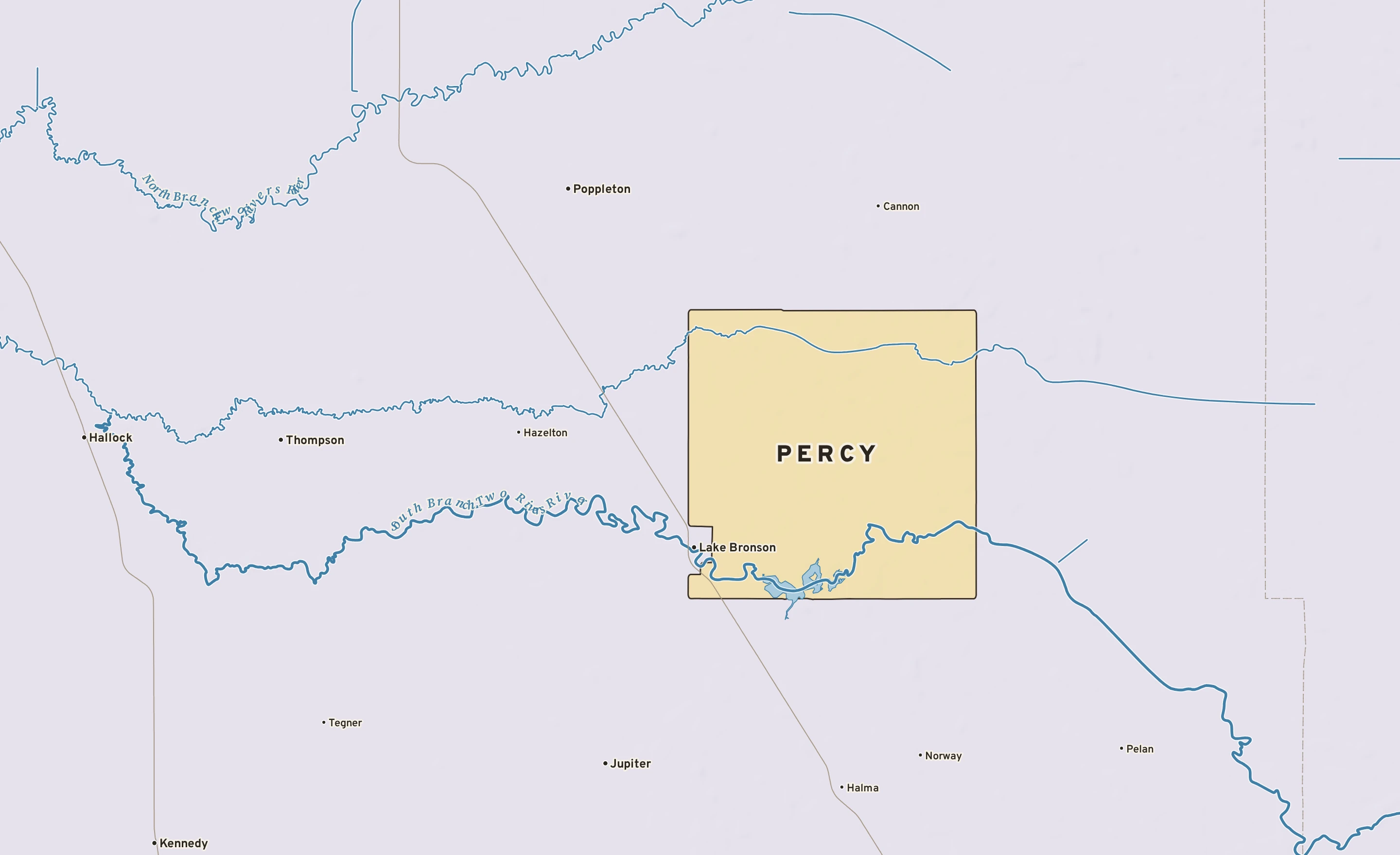 Shaded-relief atlas plate of Percy, Minnesota: rivers, roads, the city limits and where the water drains.