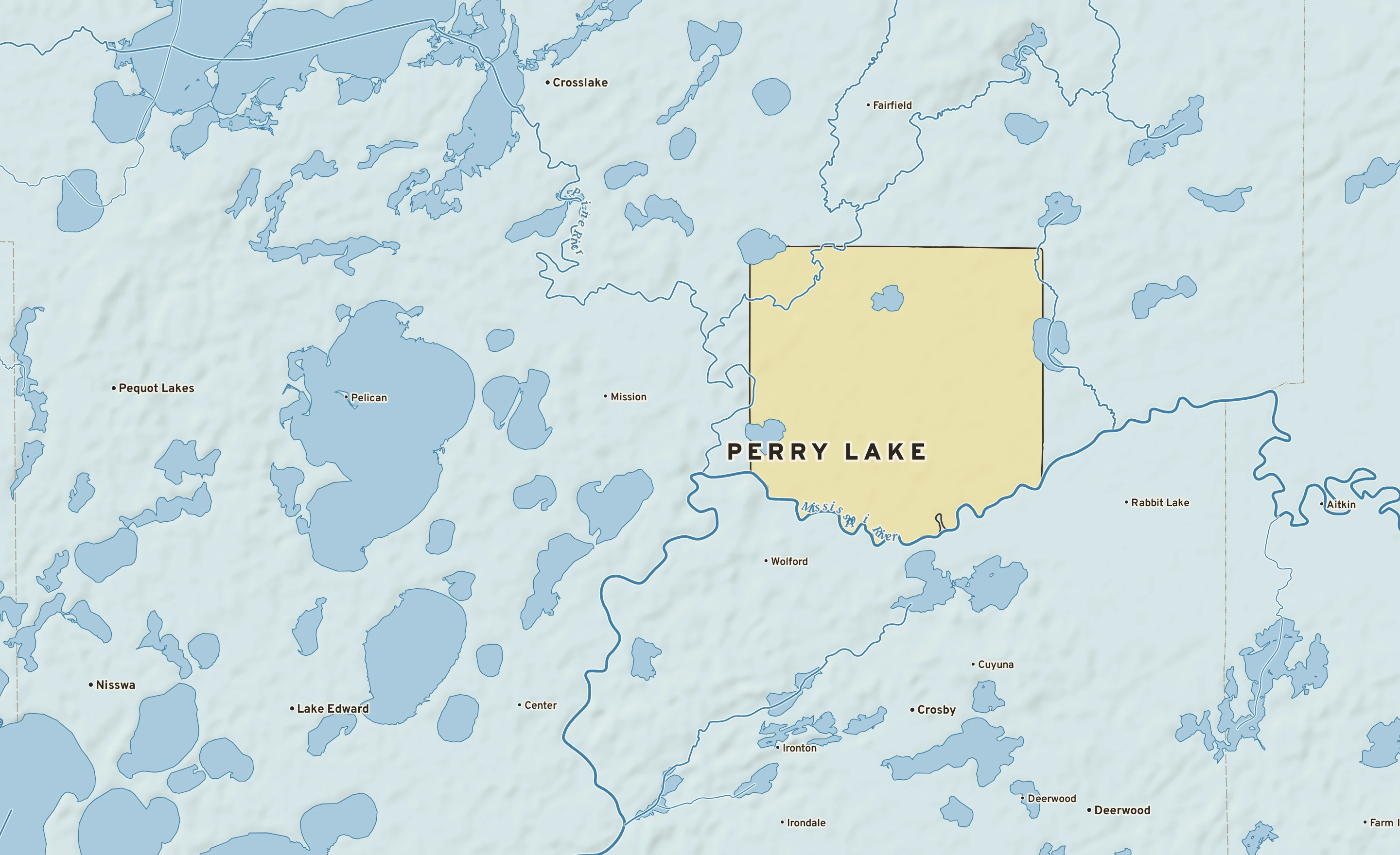 Shaded-relief atlas plate of Perry Lake, Minnesota: rivers, roads, the city limits and where the water drains.