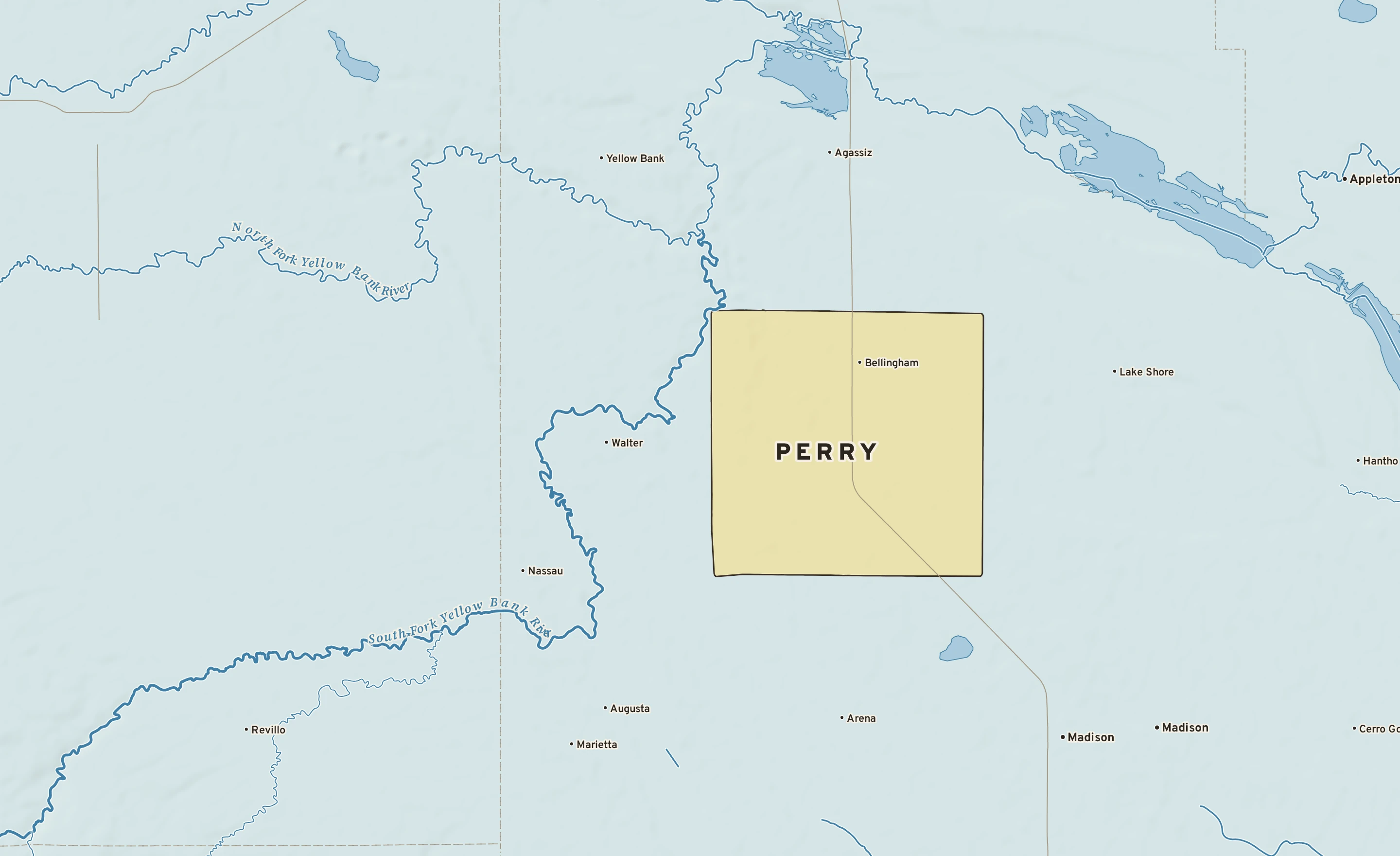 Shaded-relief atlas plate of Perry, Minnesota: rivers, roads, the city limits and where the water drains.