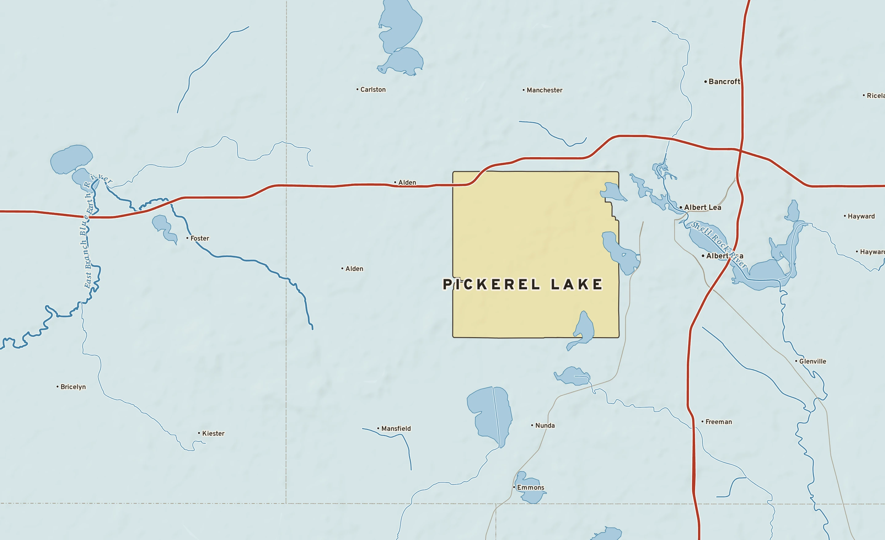 Shaded-relief atlas plate of Pickerel Lake, Minnesota: rivers, roads, the city limits and where the water drains.