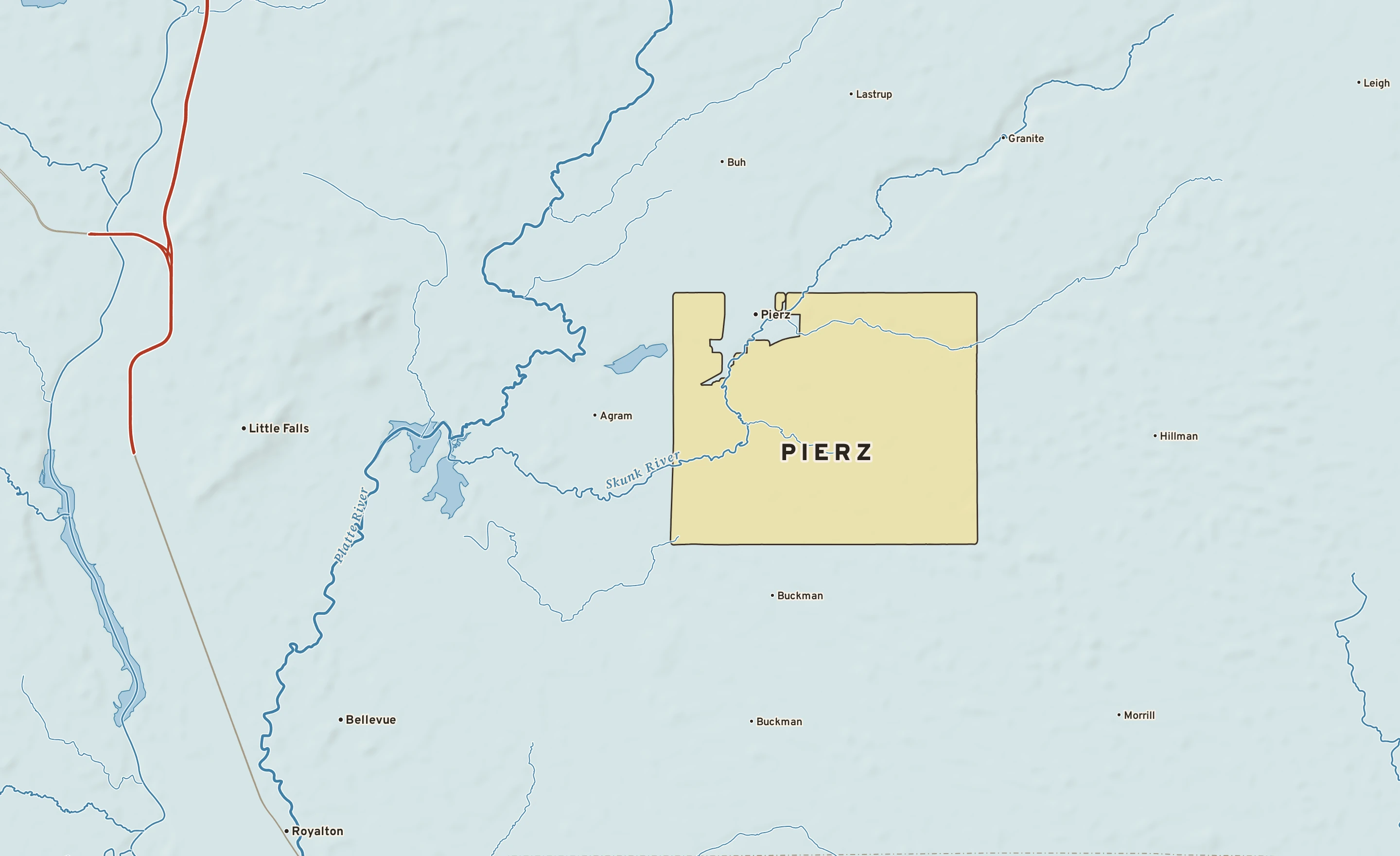 Shaded-relief atlas plate of Pierz, Minnesota: rivers, roads, the city limits and where the water drains.