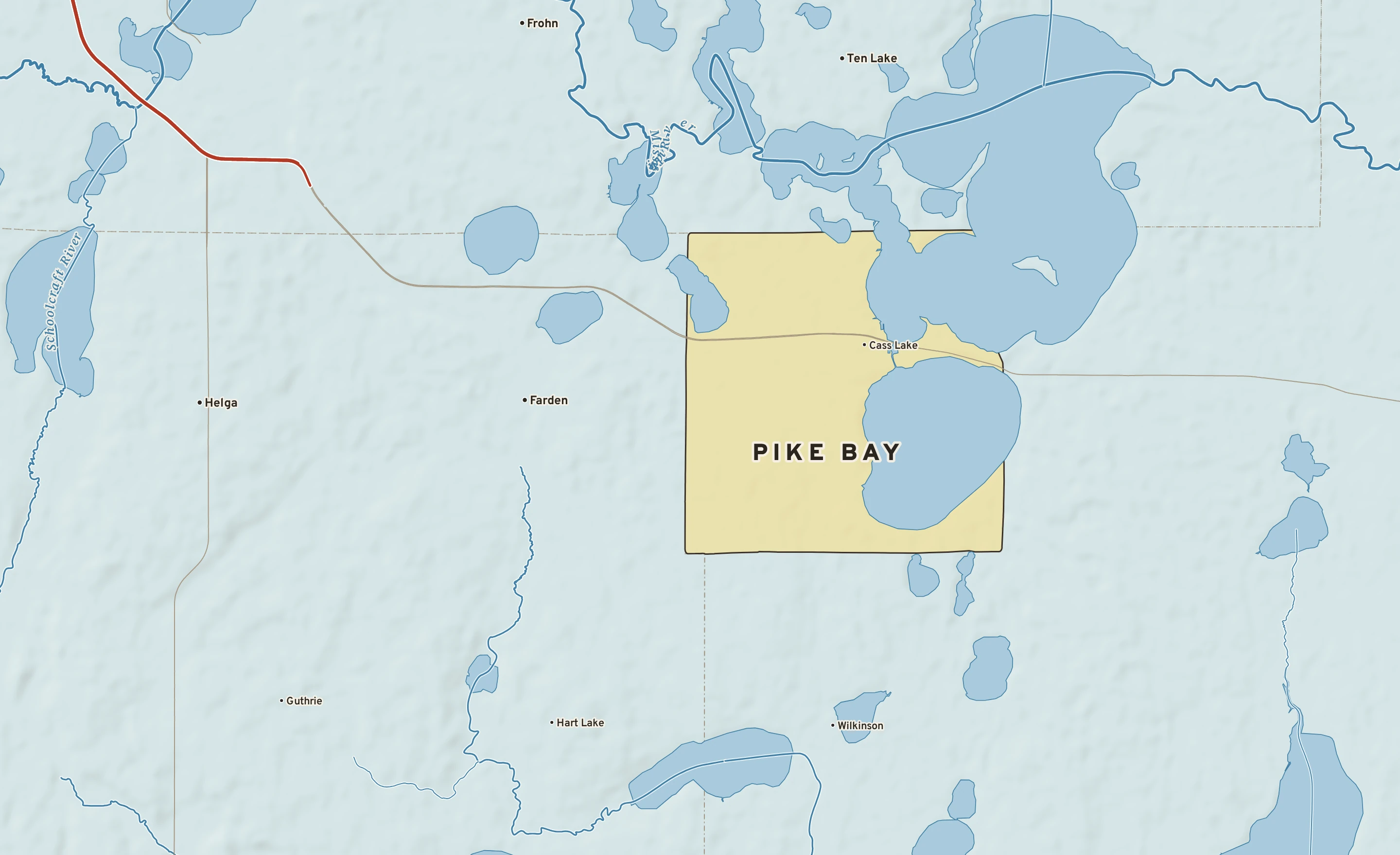 Shaded-relief atlas plate of Pike Bay, Minnesota: rivers, roads, the city limits and where the water drains.