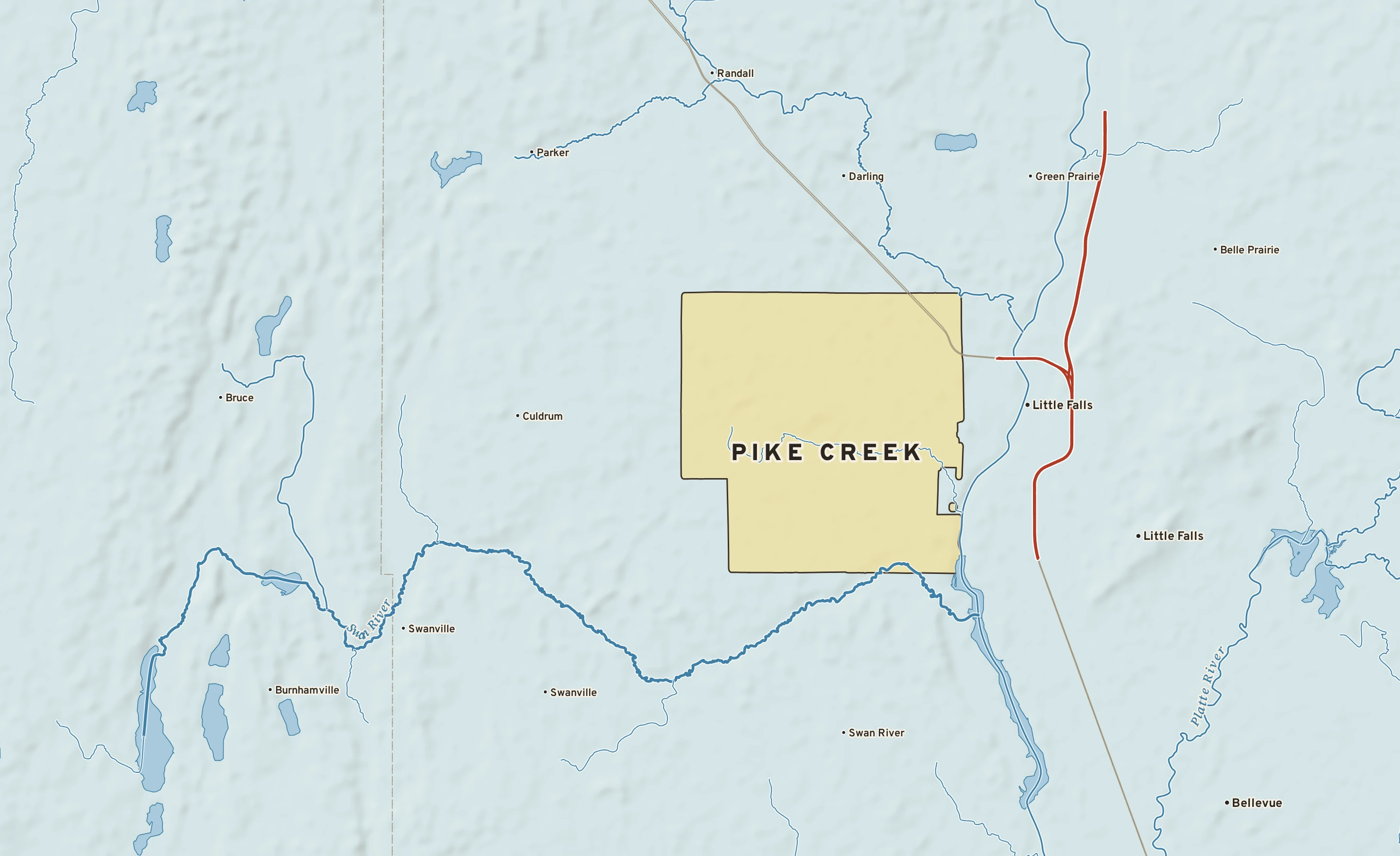 Shaded-relief atlas plate of Pike Creek, Minnesota: rivers, roads, the city limits and where the water drains.