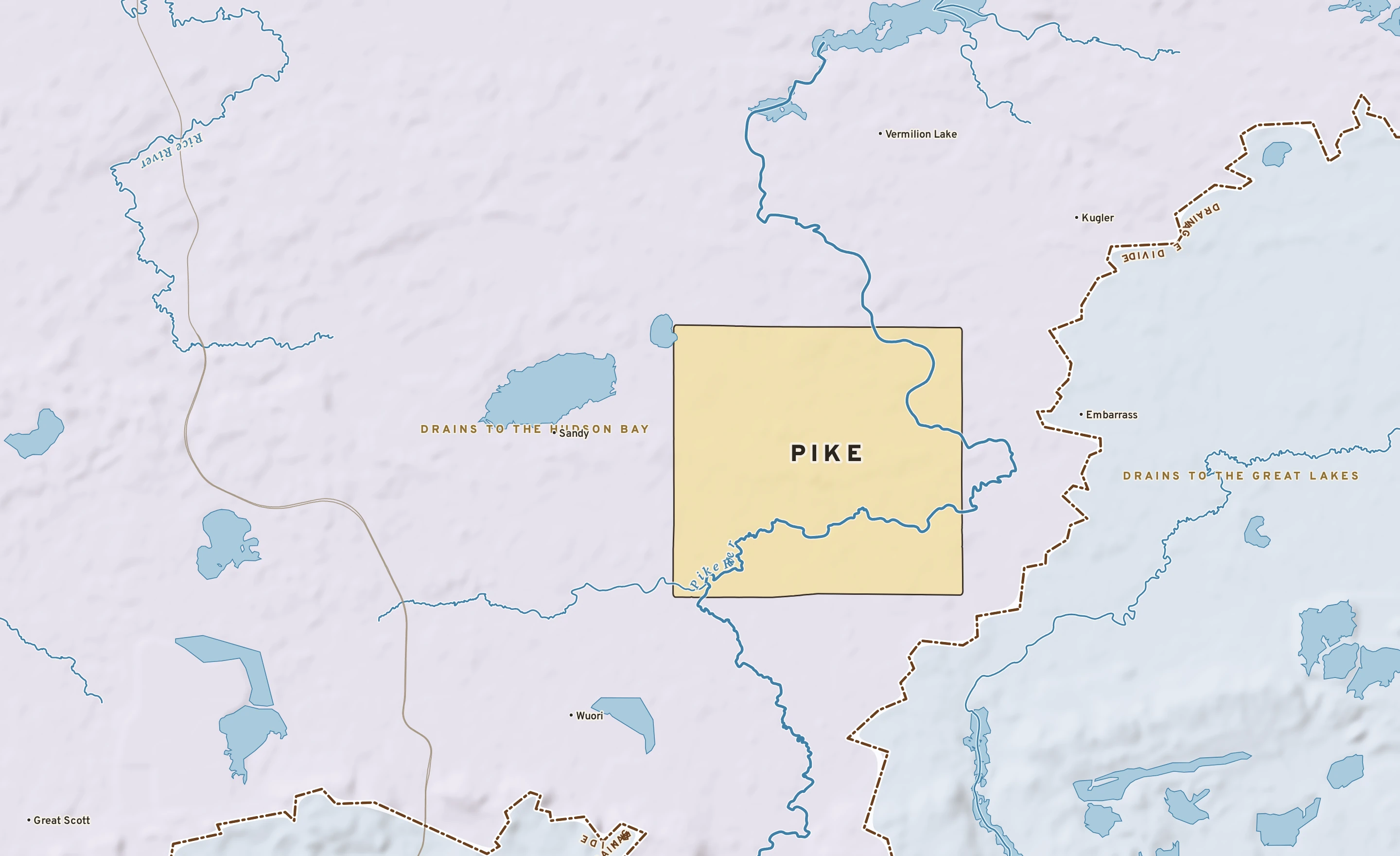 Shaded-relief atlas plate of Pike, Minnesota: rivers, roads, the city limits and where the water drains.