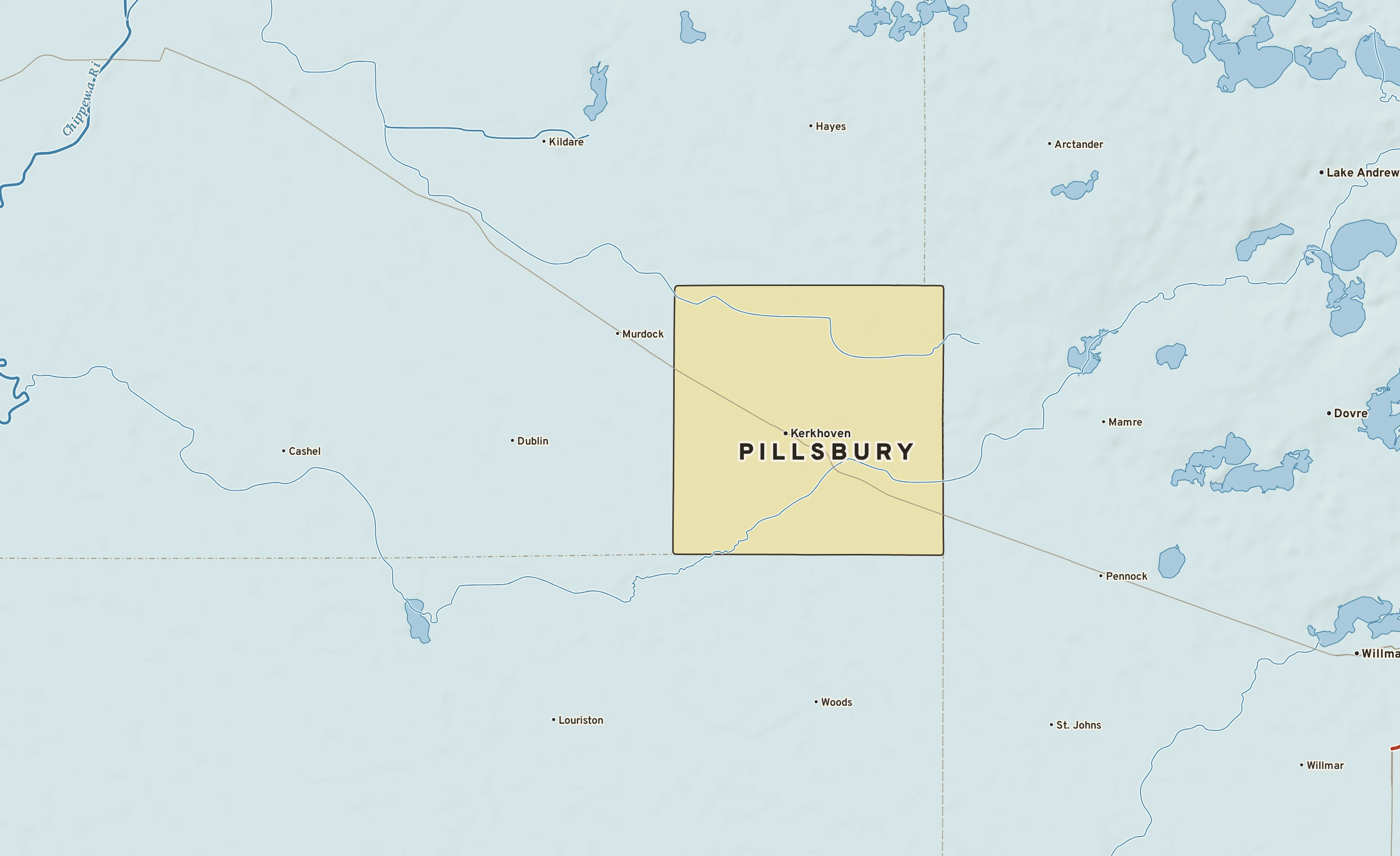 Shaded-relief atlas plate of Pillsbury, Minnesota: rivers, roads, the city limits and where the water drains.