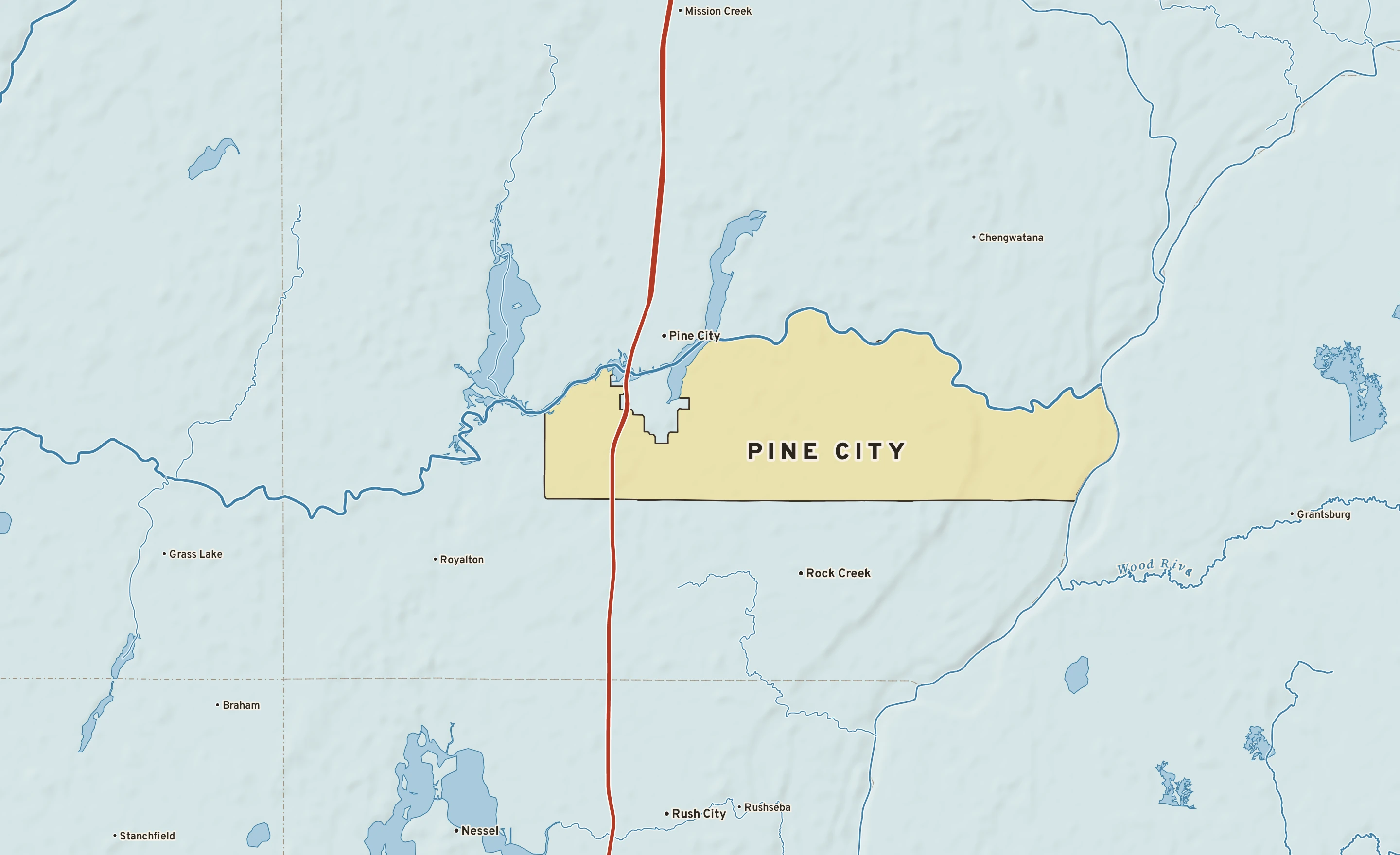 Shaded-relief atlas plate of Pine City, Minnesota: rivers, roads, the city limits and where the water drains.