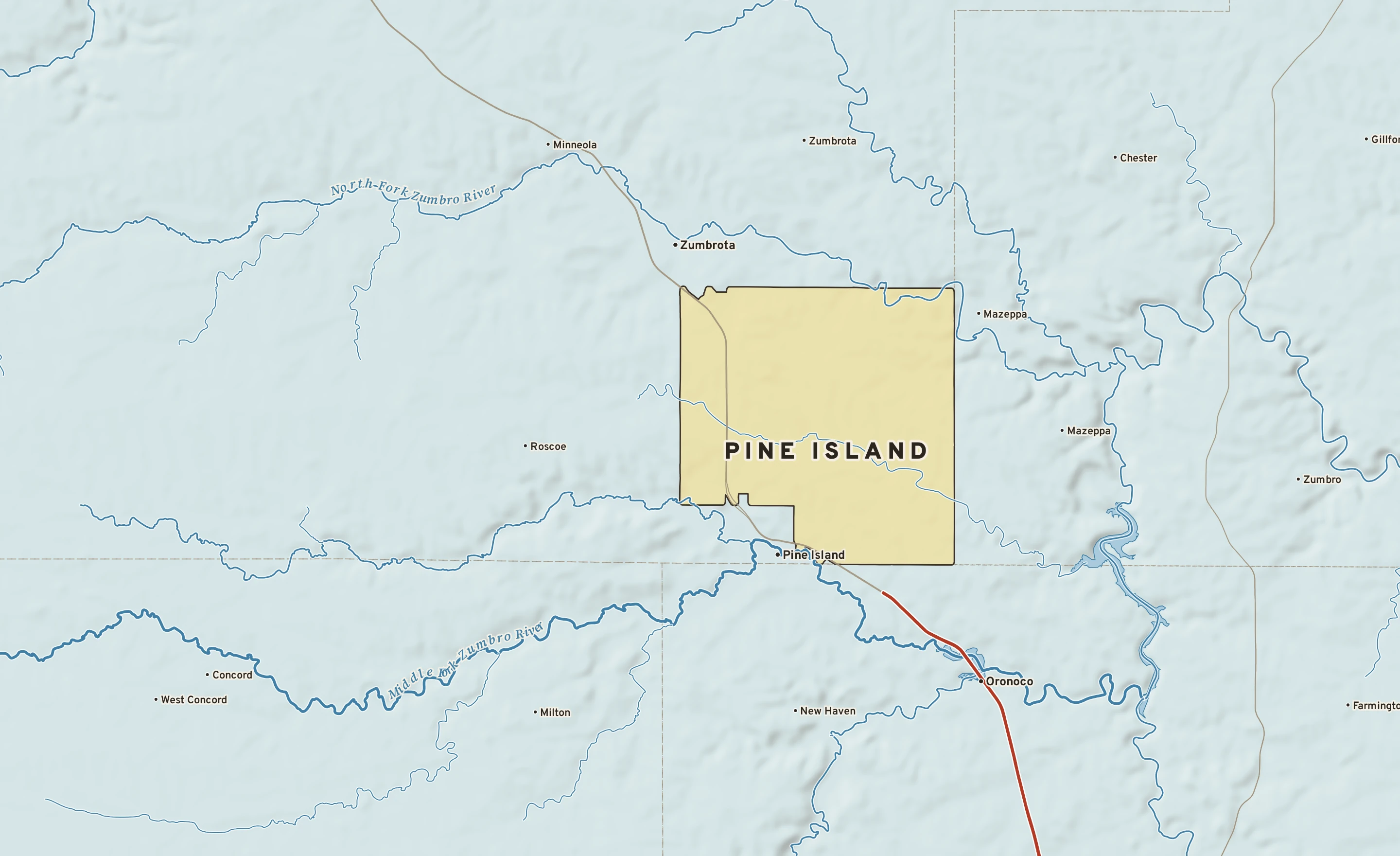 Shaded-relief atlas plate of Pine Island, Minnesota: rivers, roads, the city limits and where the water drains.