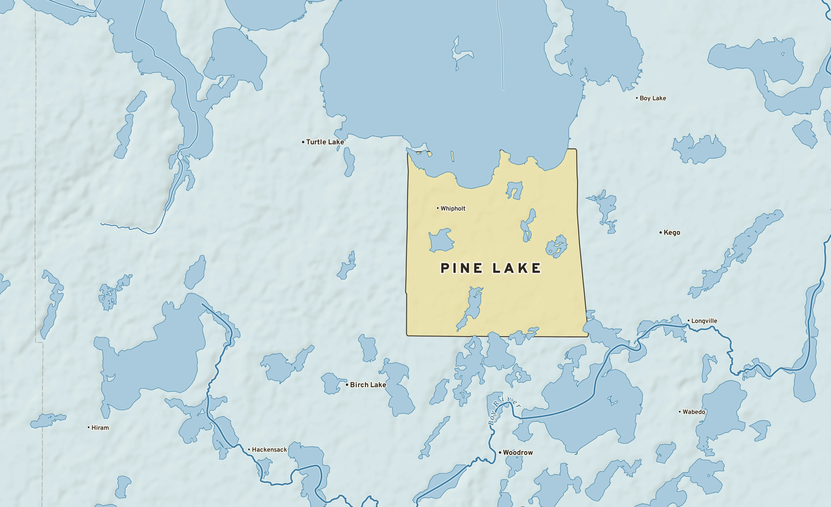 Shaded-relief atlas plate of Pine Lake, Minnesota: rivers, roads, the city limits and where the water drains.