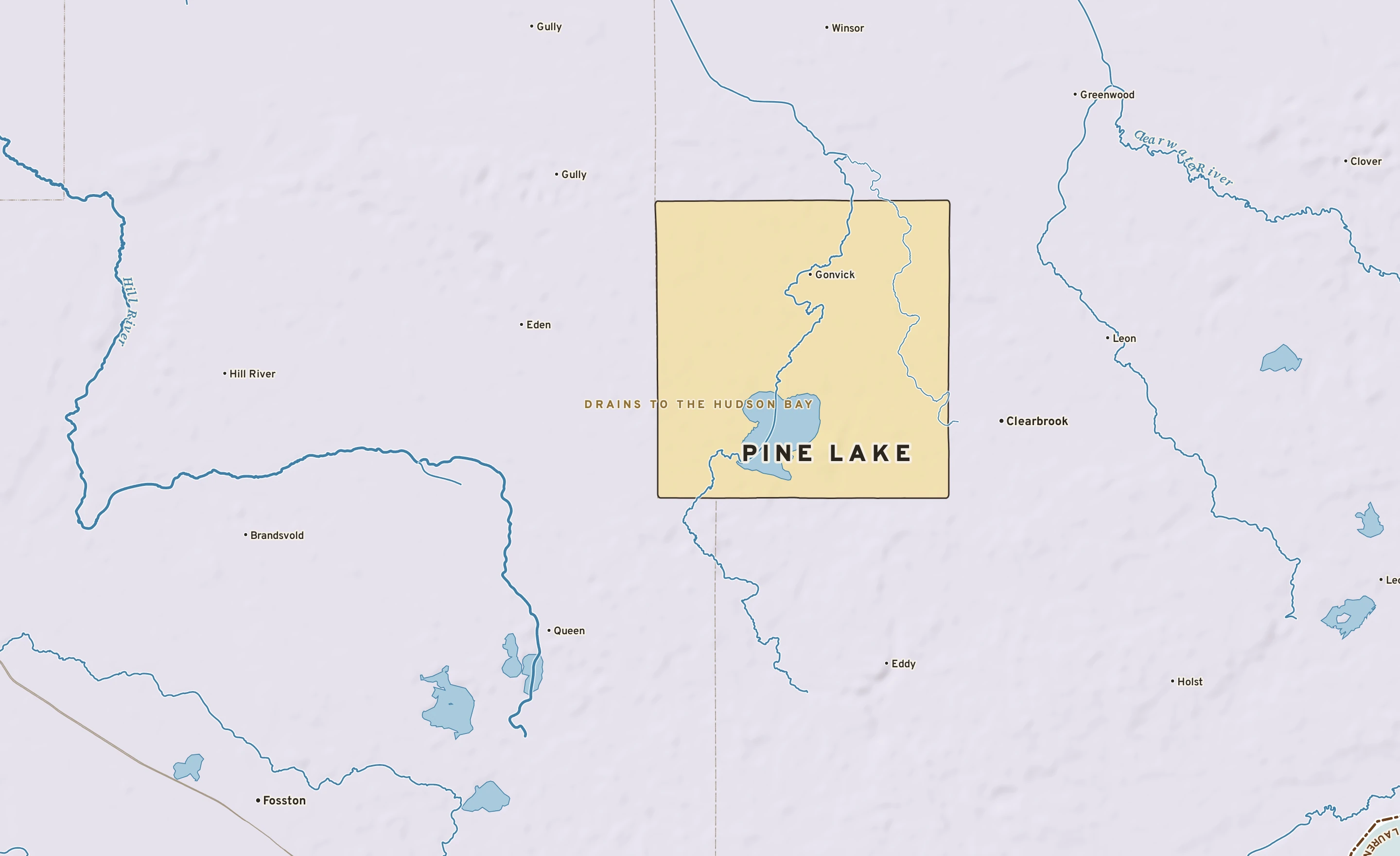 Shaded-relief atlas plate of Pine Lake, Minnesota: rivers, roads, the city limits and where the water drains.