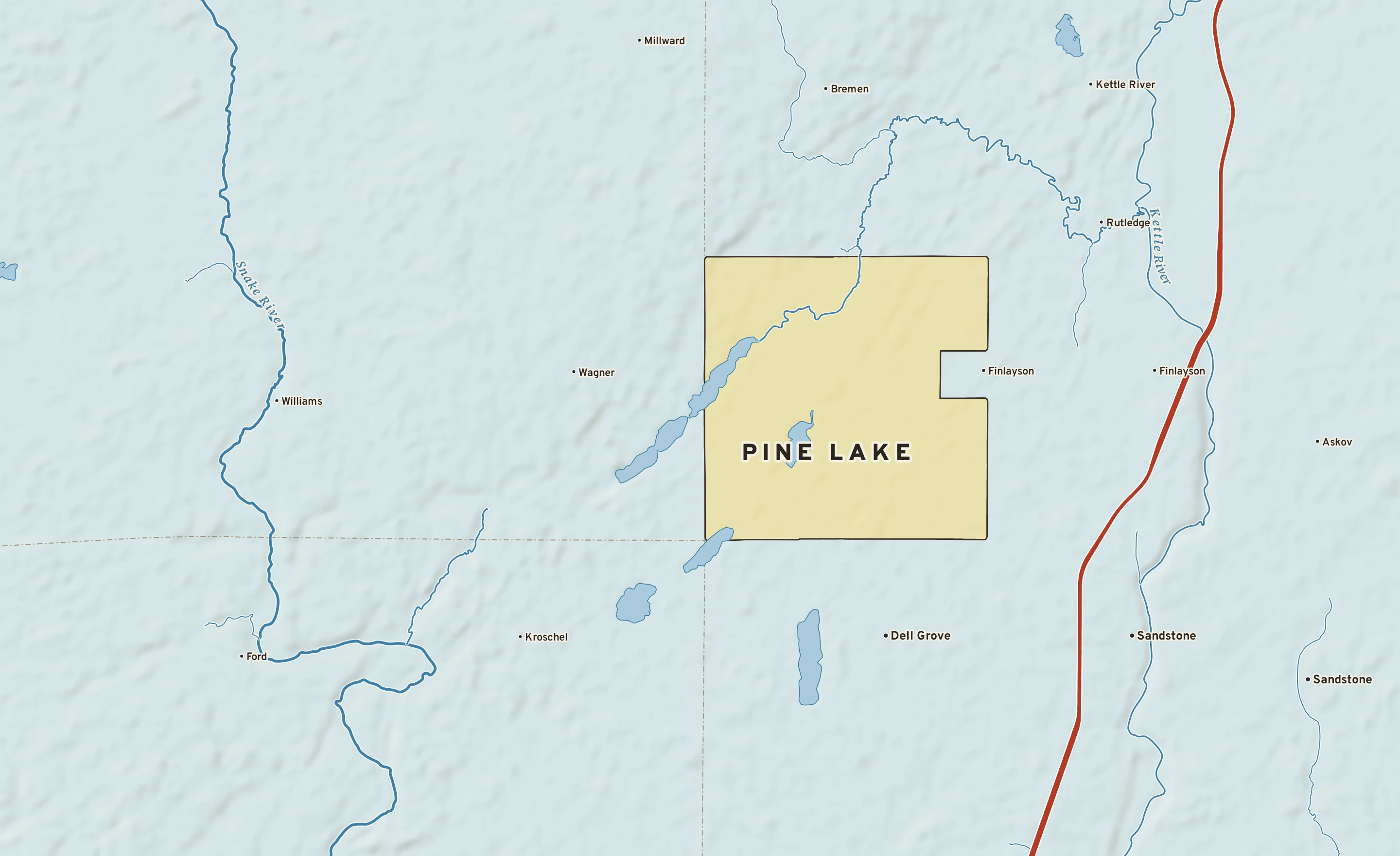 Shaded-relief atlas plate of Pine Lake, Minnesota: rivers, roads, the city limits and where the water drains.