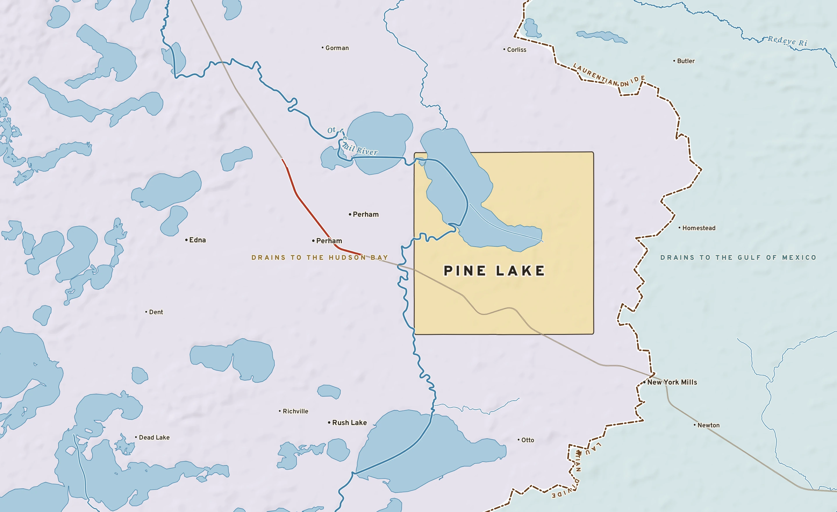 Shaded-relief atlas plate of Pine Lake, Minnesota: rivers, roads, the city limits and where the water drains.