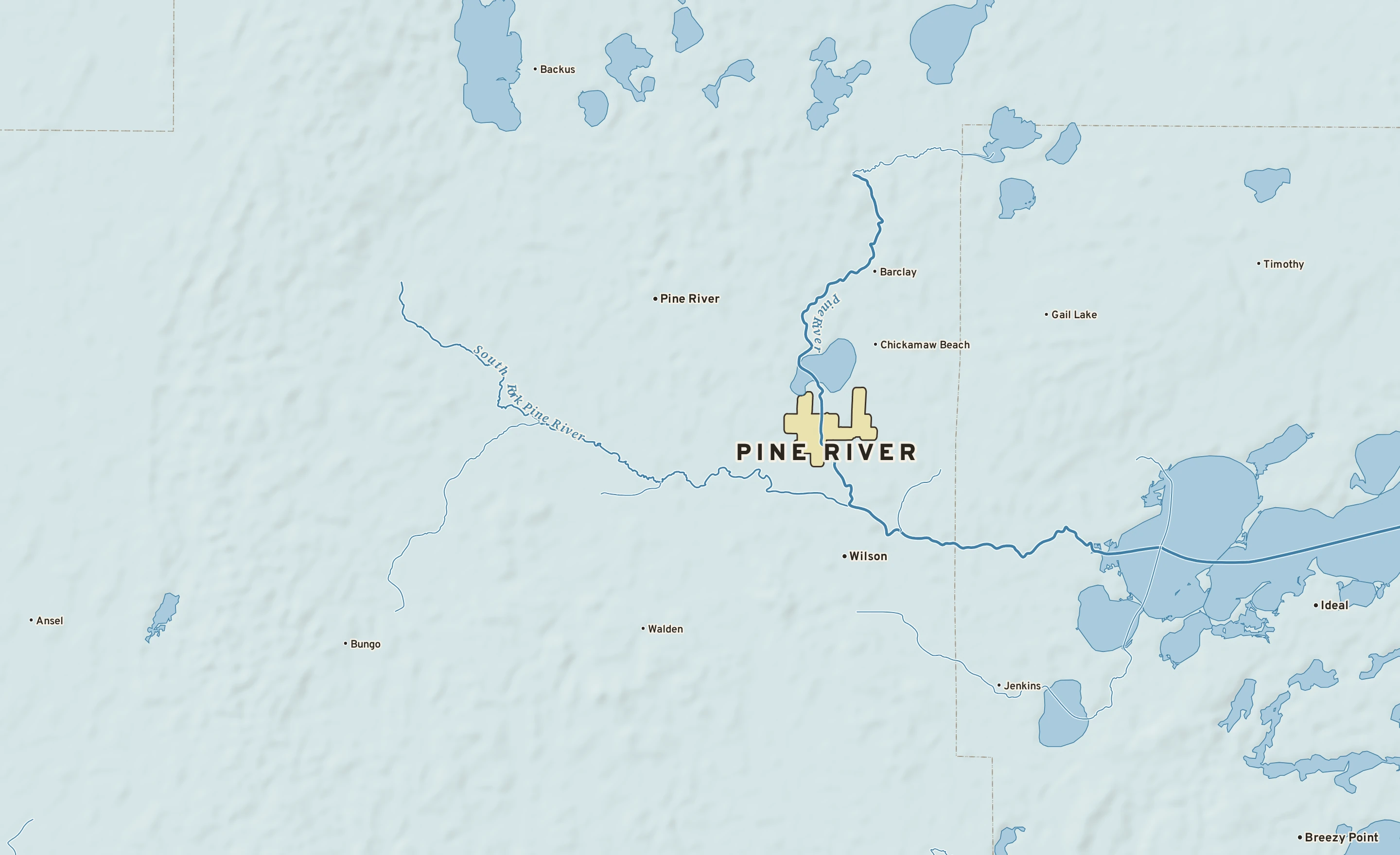 Shaded-relief atlas plate of Pine River, Minnesota: rivers, roads, the city limits and where the water drains.