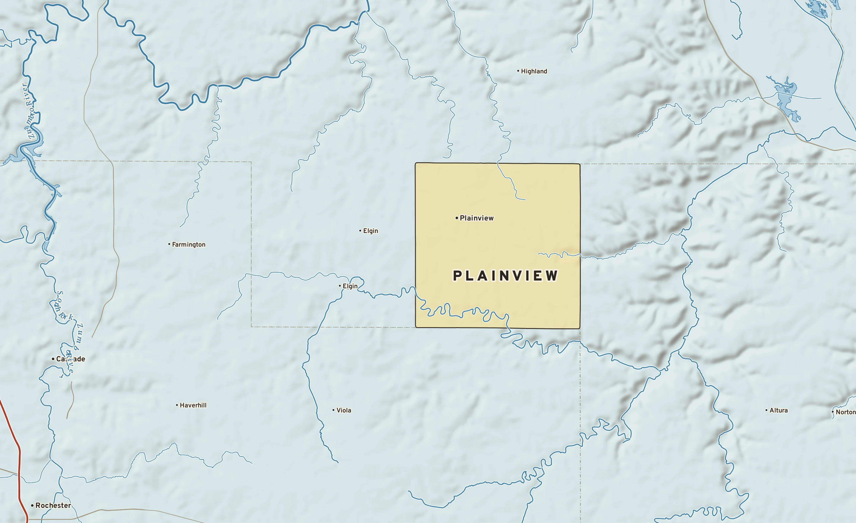 Shaded-relief atlas plate of Plainview, Minnesota: rivers, roads, the city limits and where the water drains.