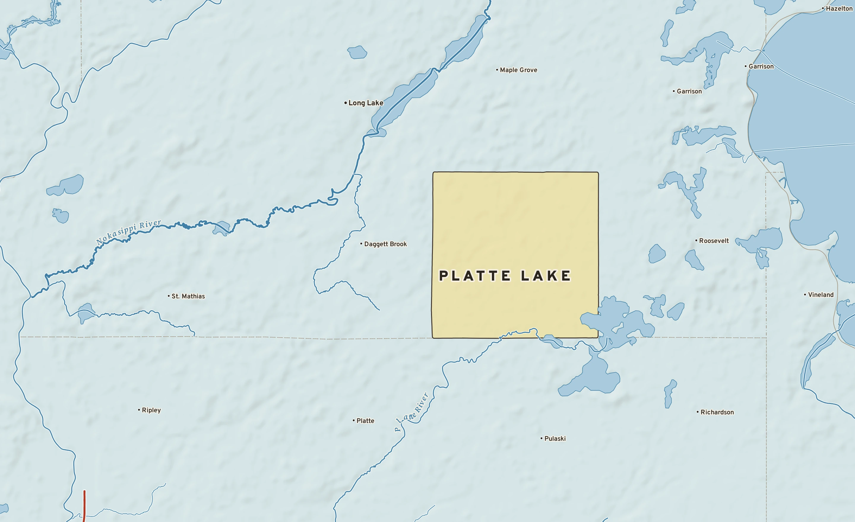 Shaded-relief atlas plate of Platte Lake, Minnesota: rivers, roads, the city limits and where the water drains.