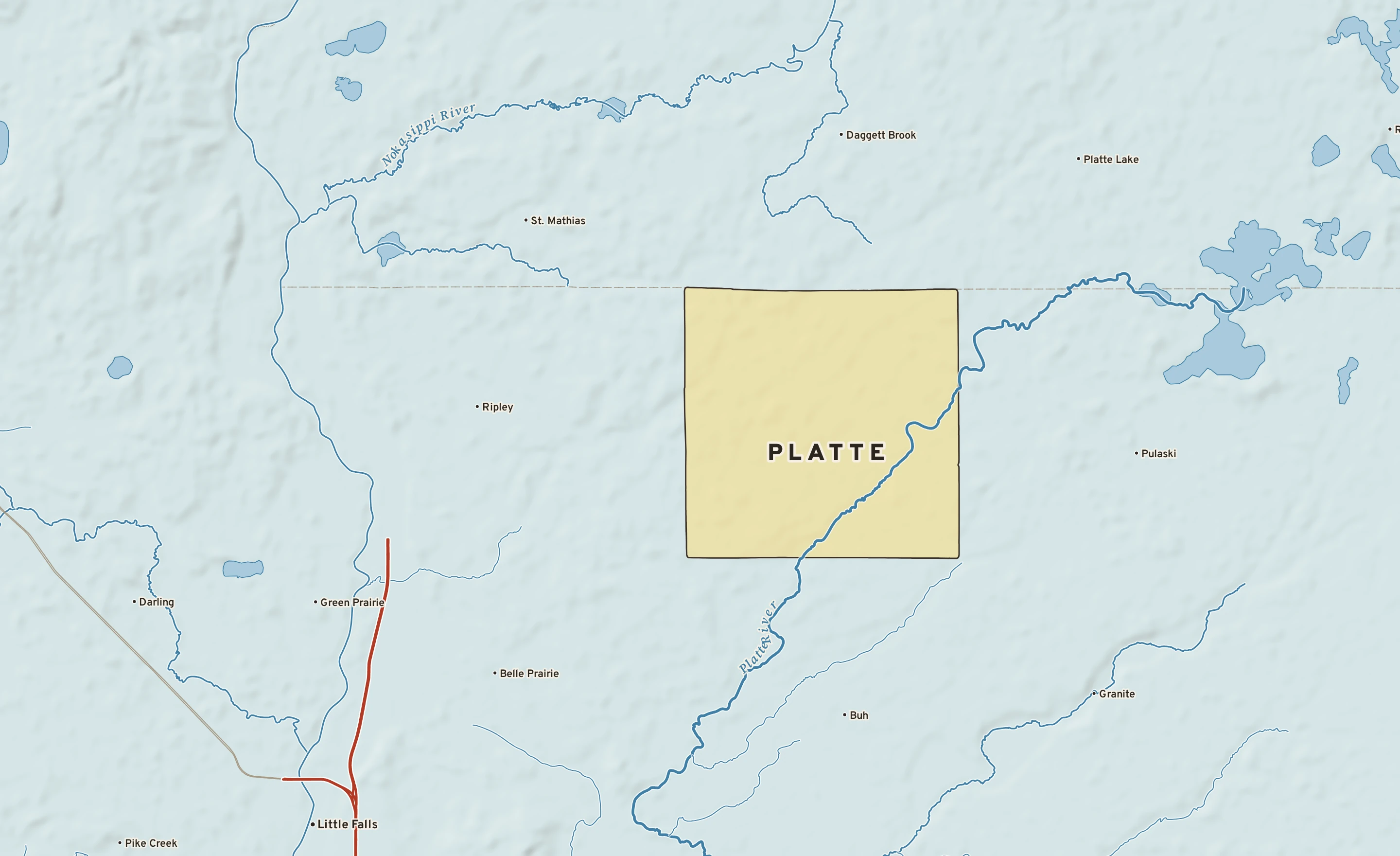 Shaded-relief atlas plate of Platte, Minnesota: rivers, roads, the city limits and where the water drains.