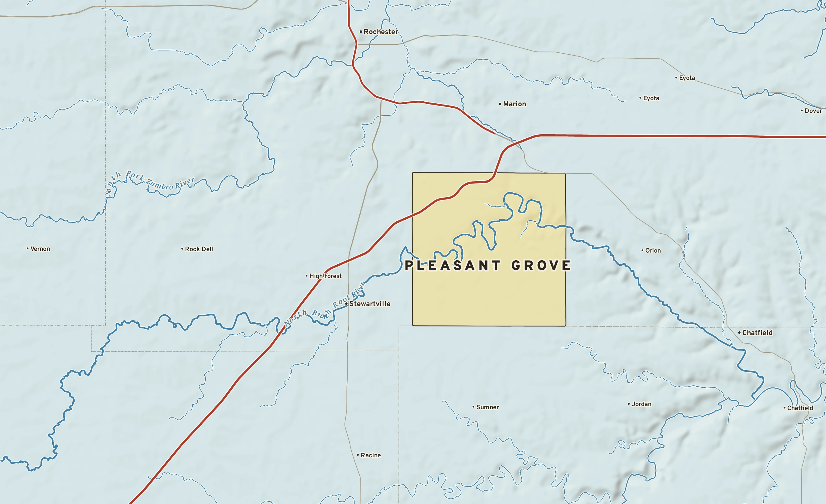 Shaded-relief atlas plate of Pleasant Grove, Minnesota: rivers, roads, the city limits and where the water drains.