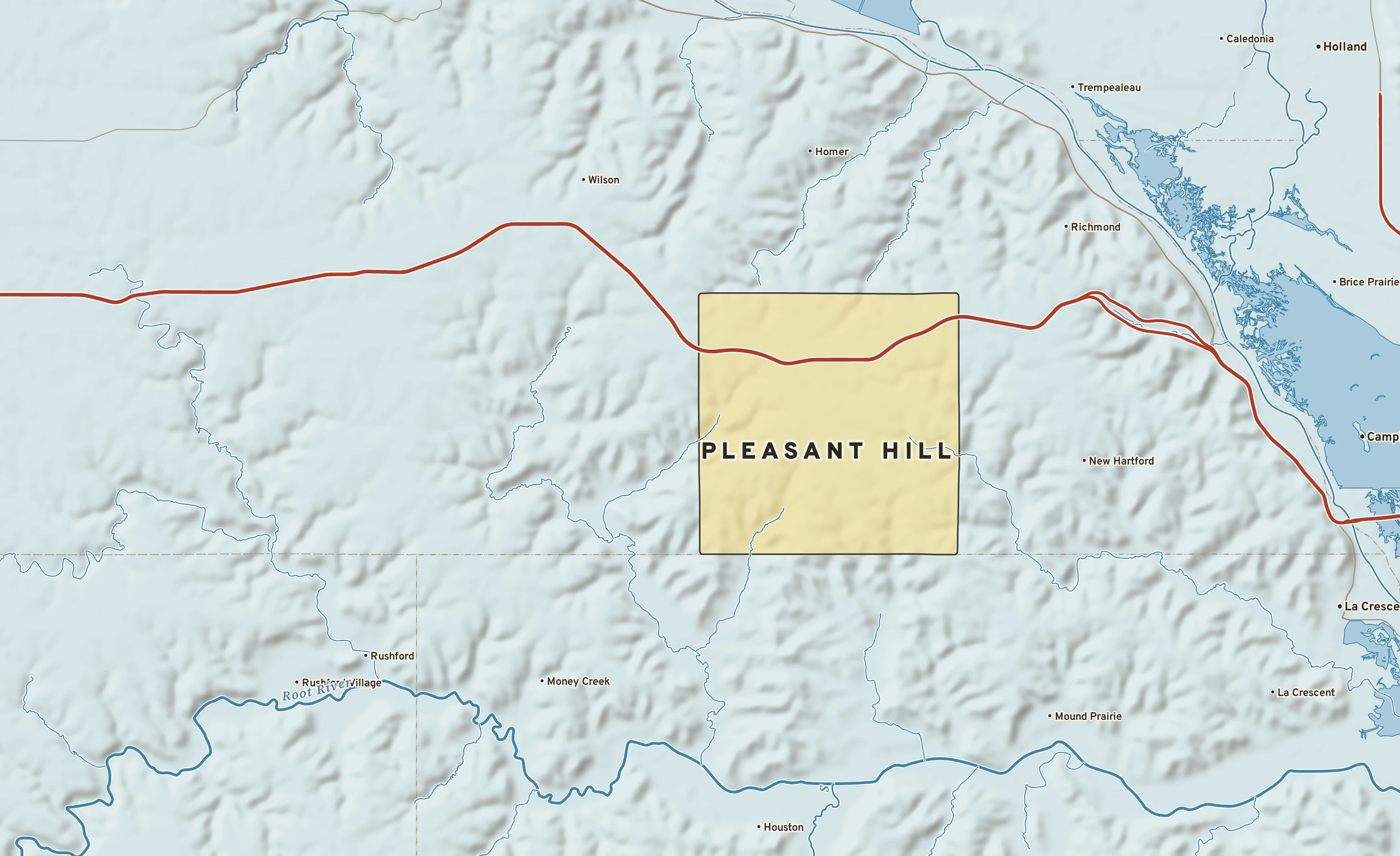 Shaded-relief atlas plate of Pleasant Hill, Minnesota: rivers, roads, the city limits and where the water drains.