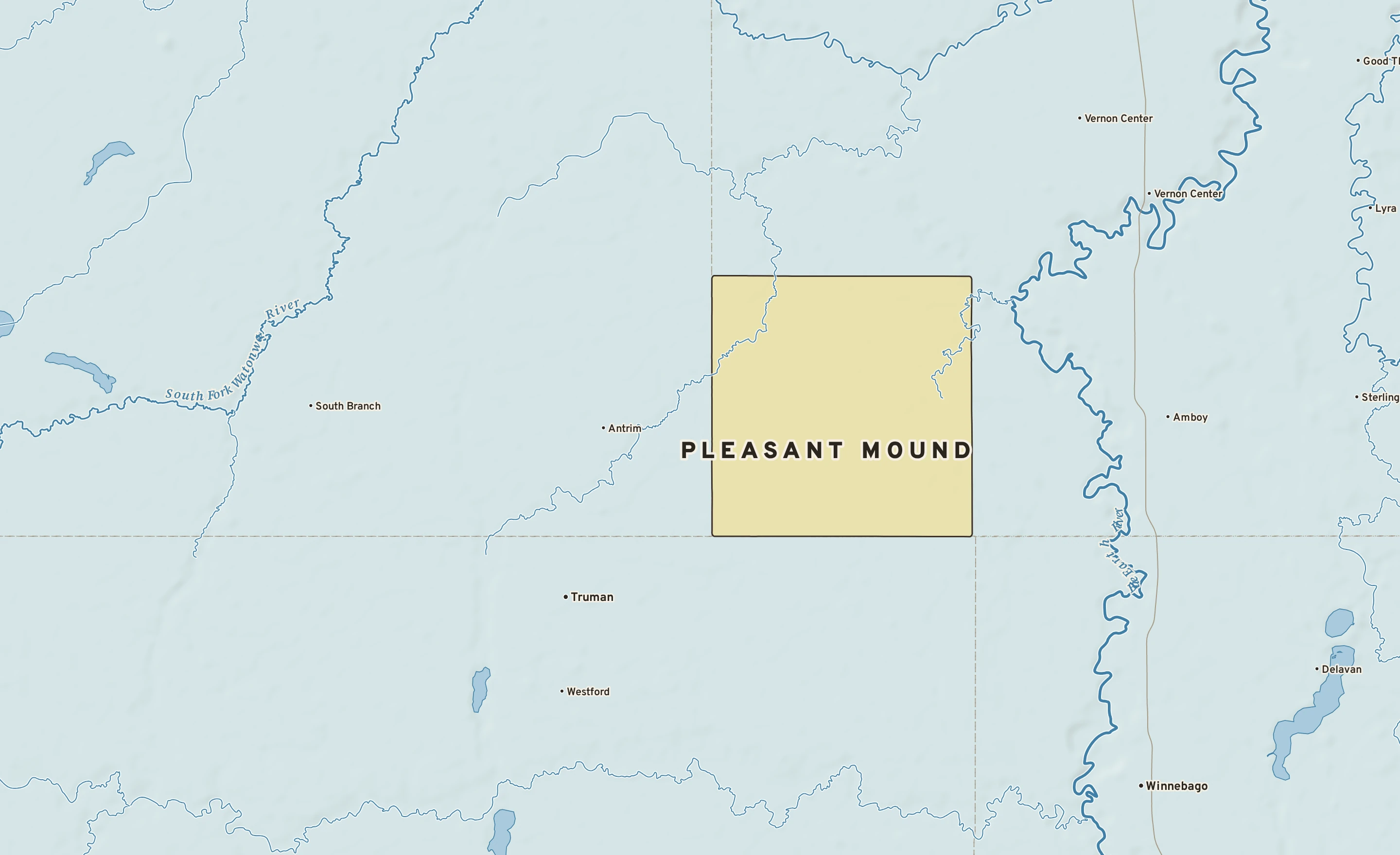 Shaded-relief atlas plate of Pleasant Mound, Minnesota: rivers, roads, the city limits and where the water drains.