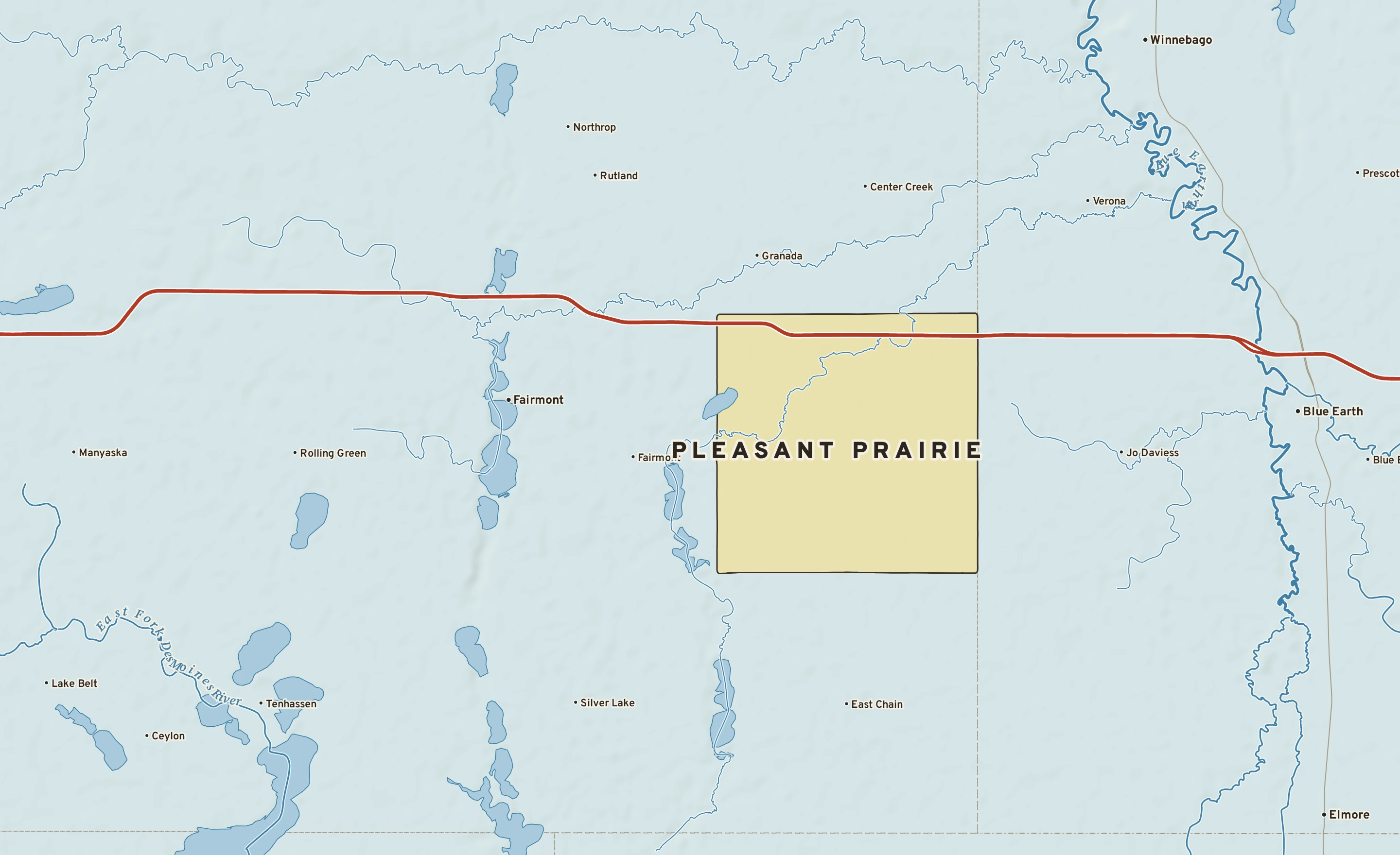 Shaded-relief atlas plate of Pleasant Prairie, Minnesota: rivers, roads, the city limits and where the water drains.