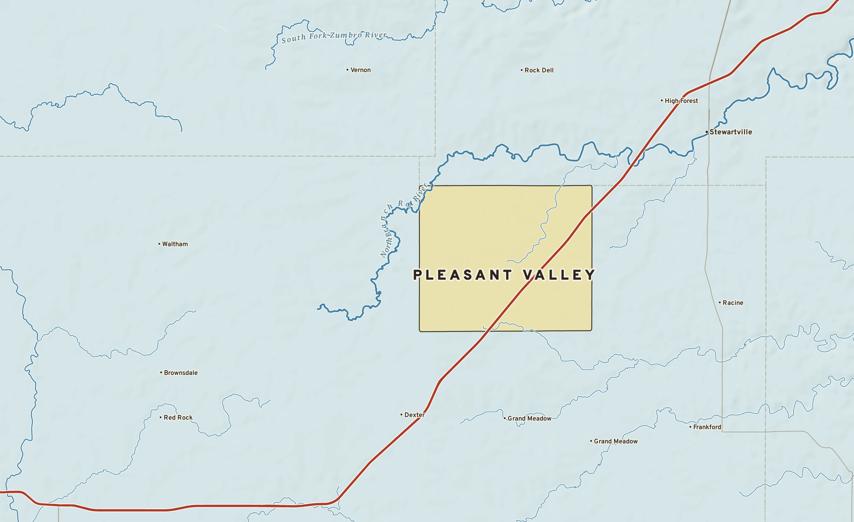 Shaded-relief atlas plate of Pleasant Valley, Minnesota: rivers, roads, the city limits and where the water drains.