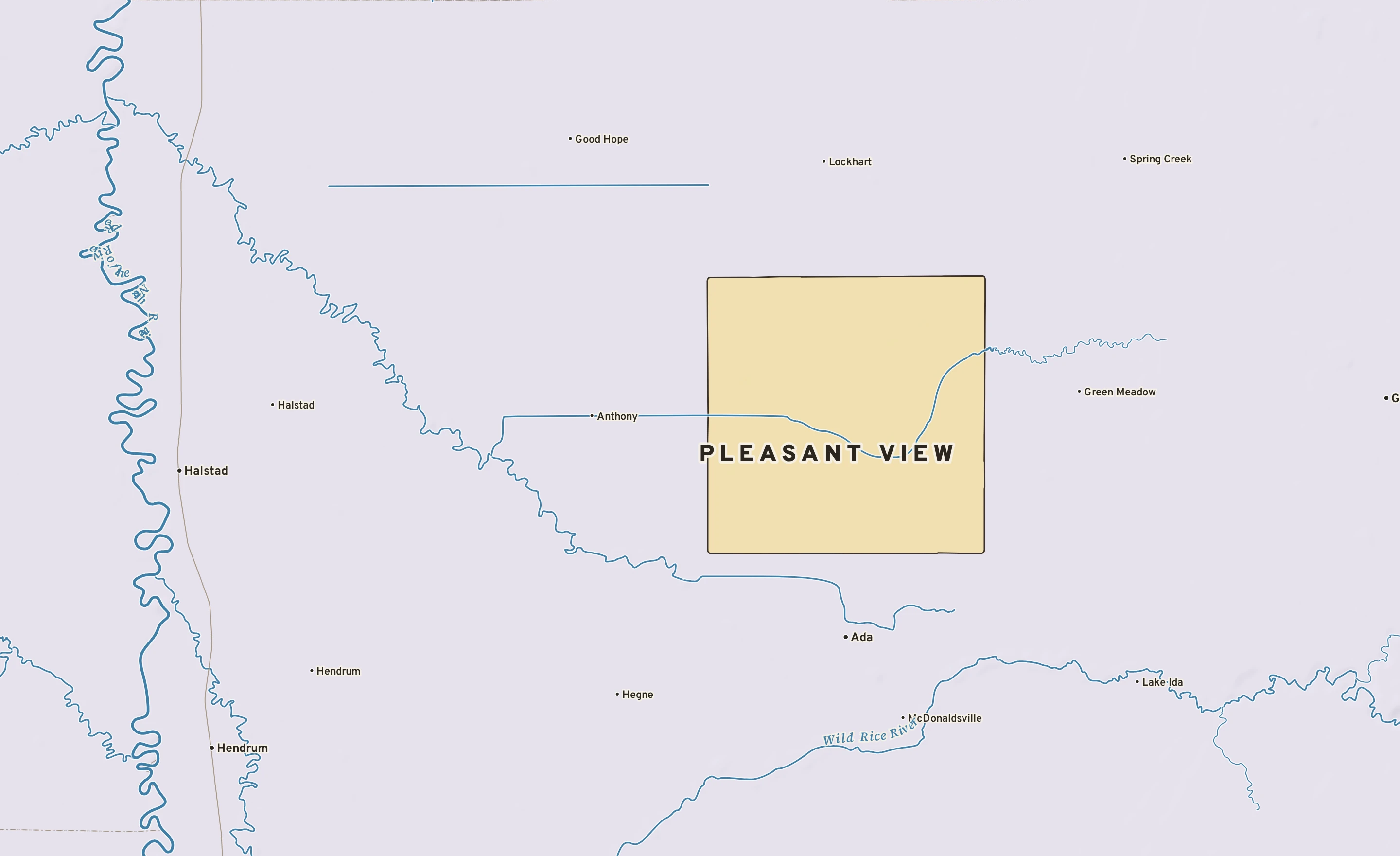 Shaded-relief atlas plate of Pleasant View, Minnesota: rivers, roads, the city limits and where the water drains.