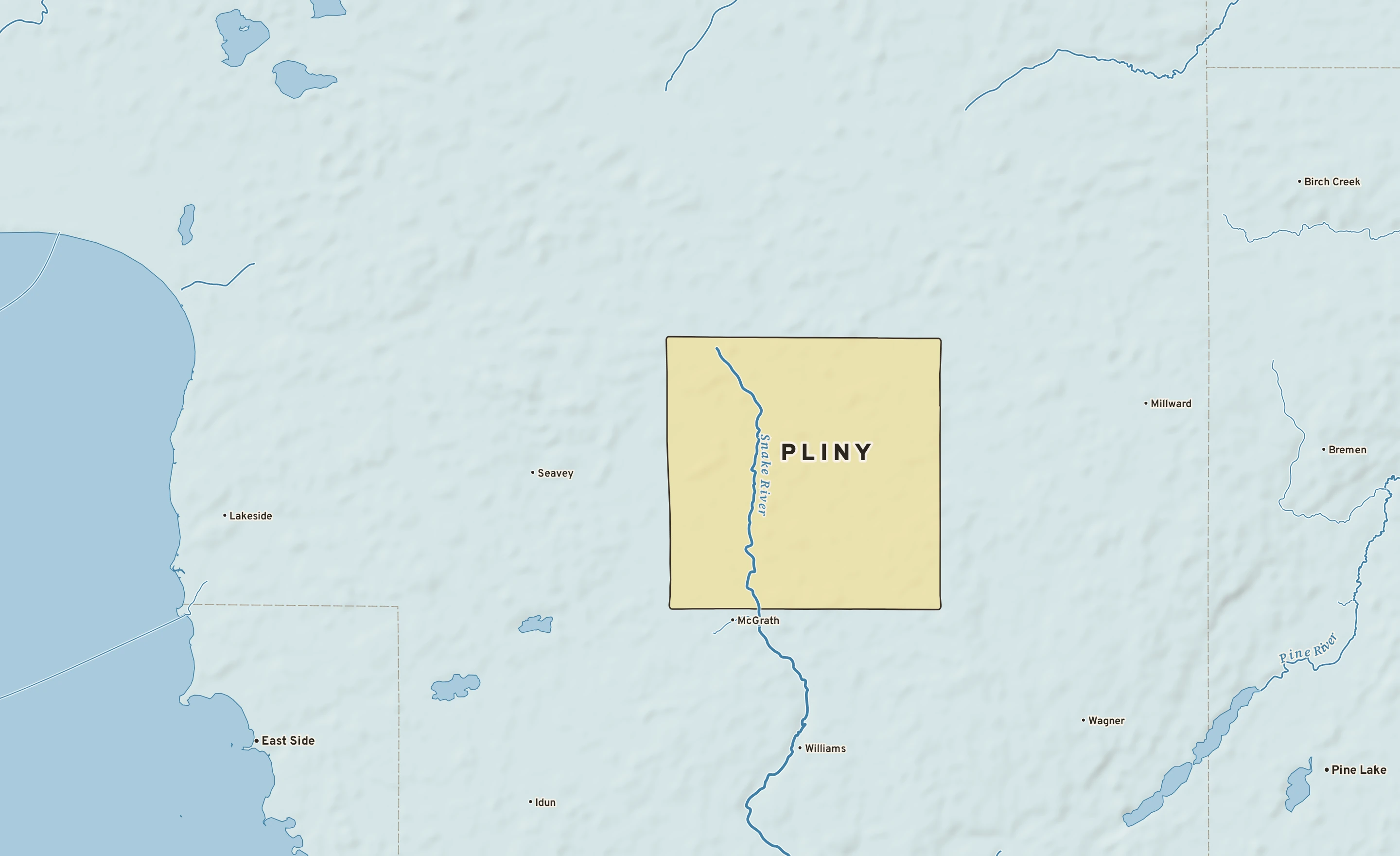 Shaded-relief atlas plate of Pliny, Minnesota: rivers, roads, the city limits and where the water drains.
