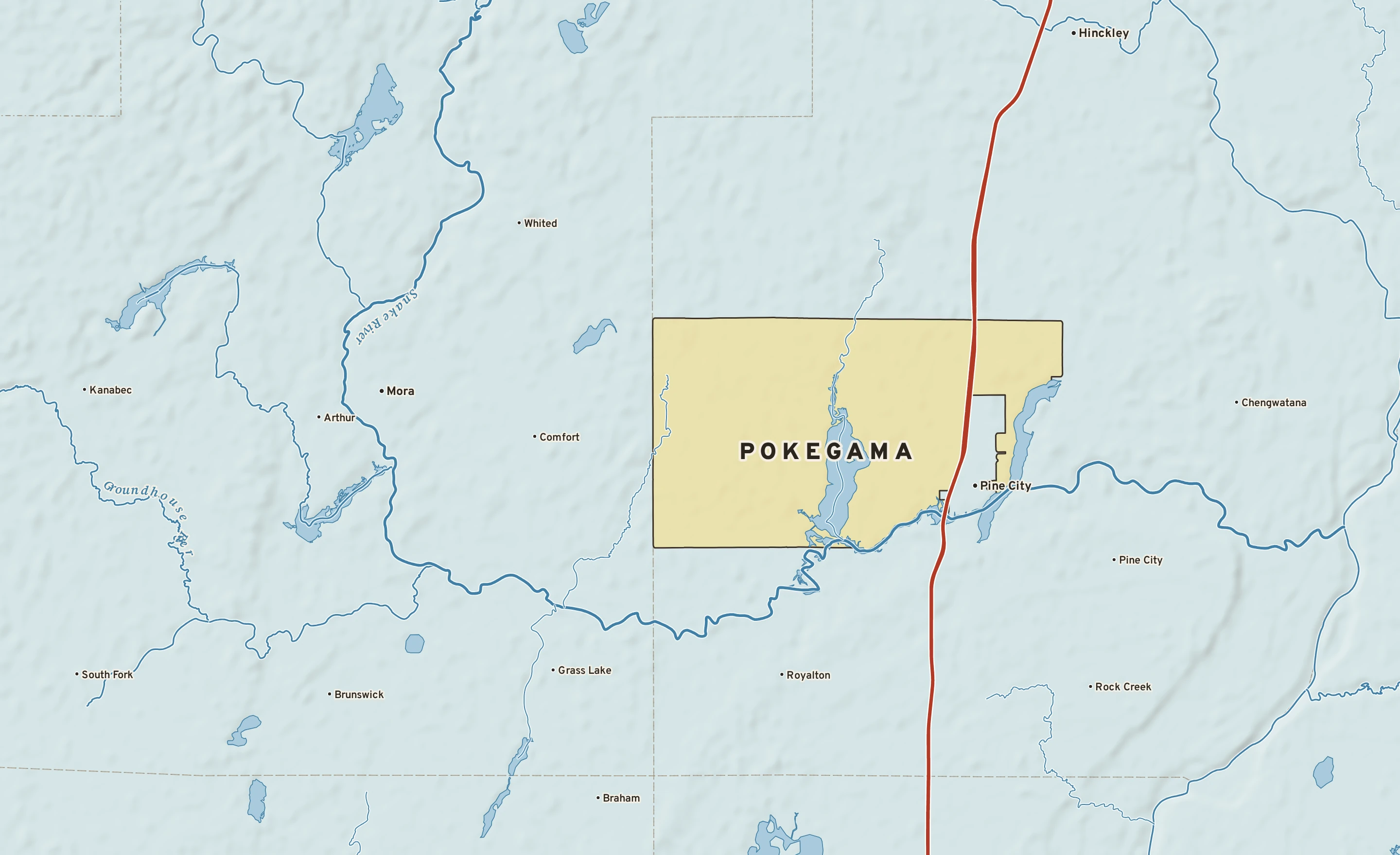 Shaded-relief atlas plate of Pokegama, Minnesota: rivers, roads, the city limits and where the water drains.
