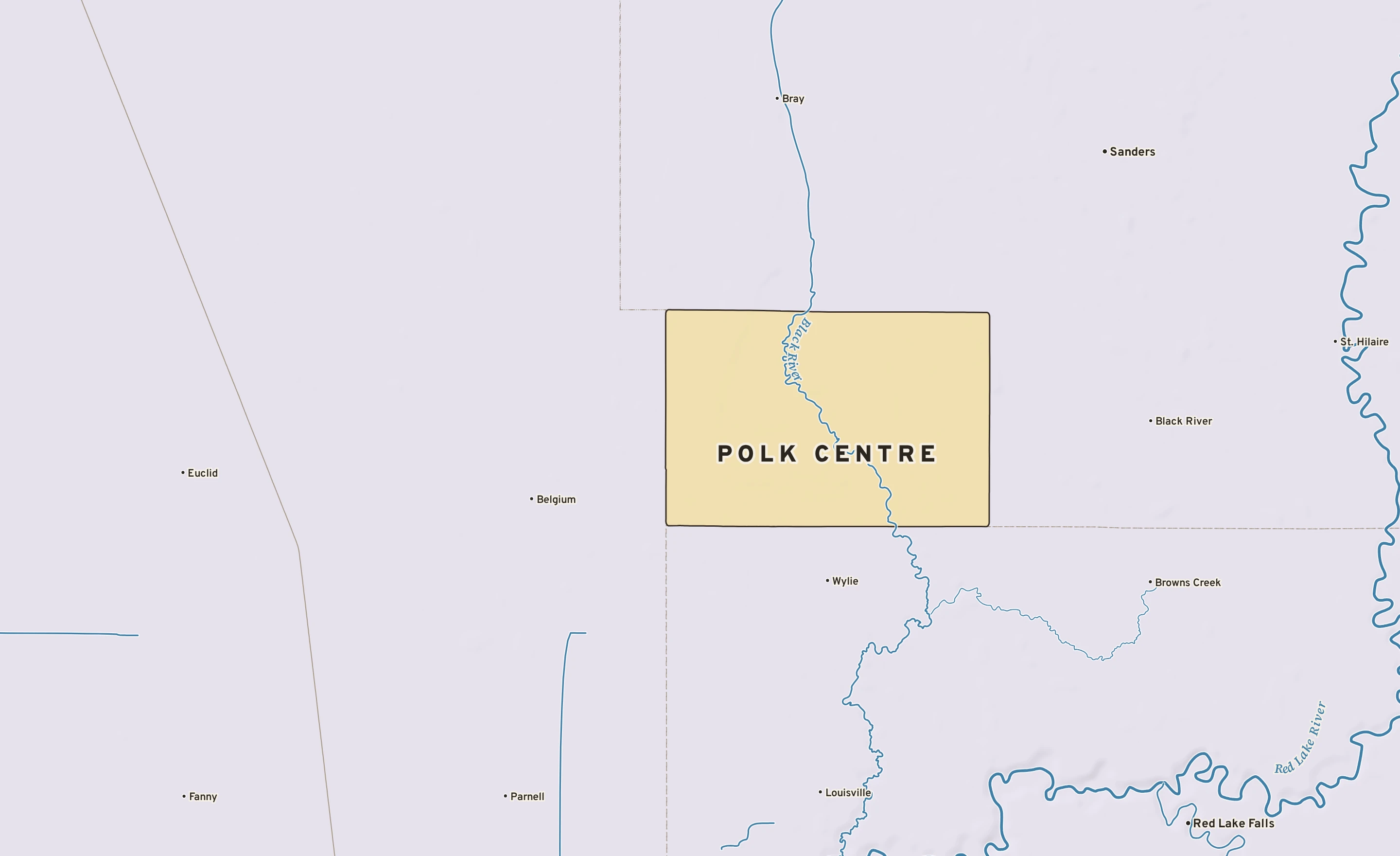 Shaded-relief atlas plate of Polk Centre, Minnesota: rivers, roads, the city limits and where the water drains.