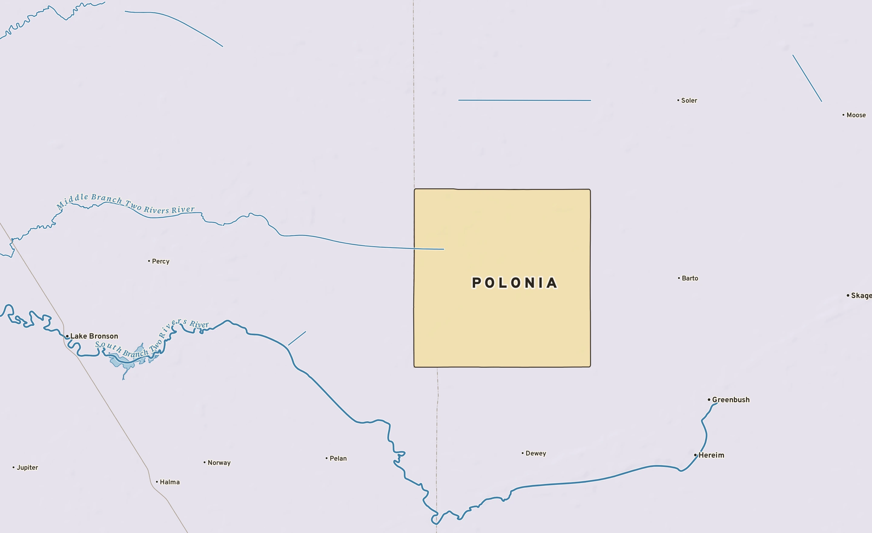 Shaded-relief atlas plate of Polonia, Minnesota: rivers, roads, the city limits and where the water drains.