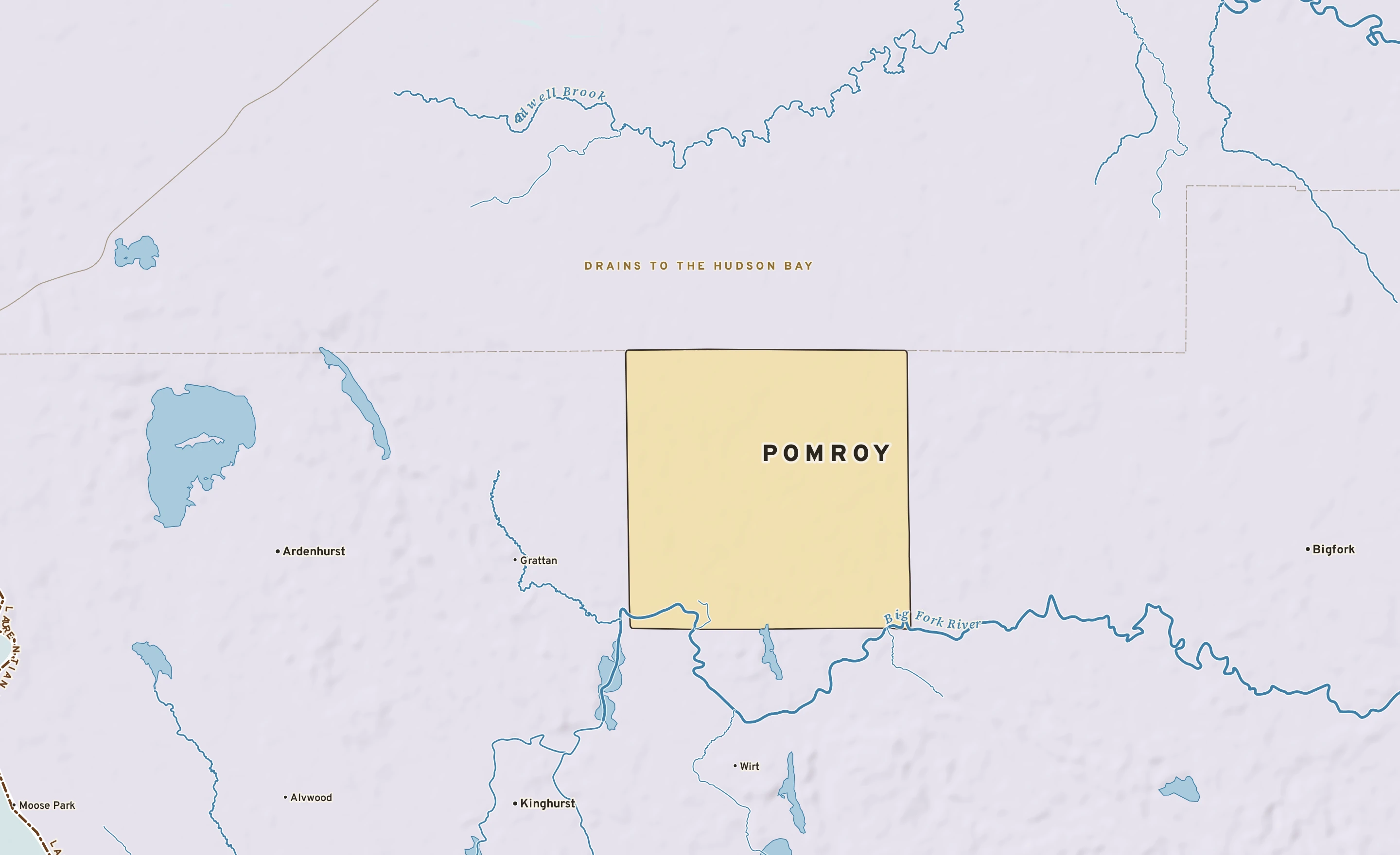 Shaded-relief atlas plate of Pomroy, Minnesota: rivers, roads, the city limits and where the water drains.