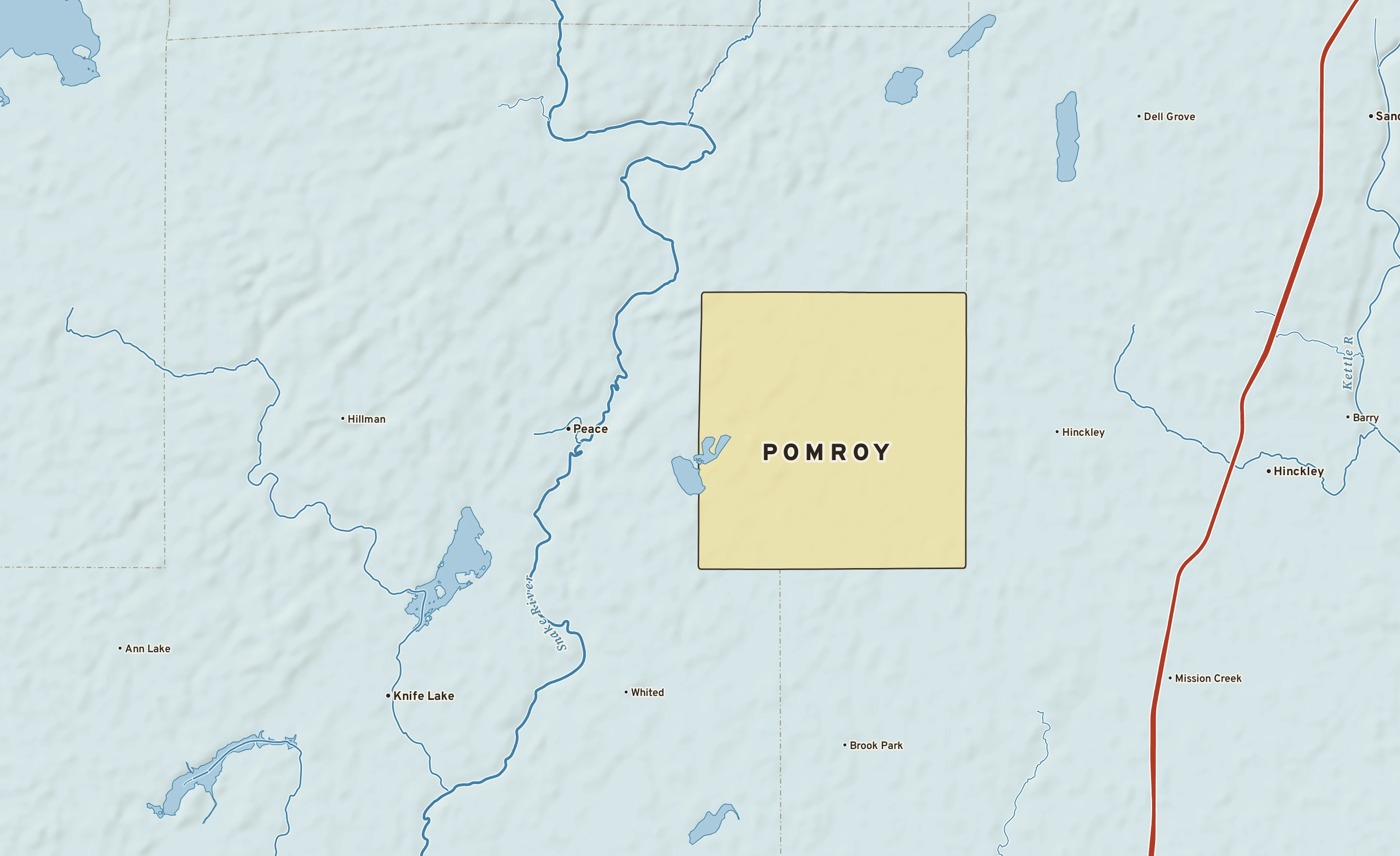 Shaded-relief atlas plate of Pomroy, Minnesota: rivers, roads, the city limits and where the water drains.
