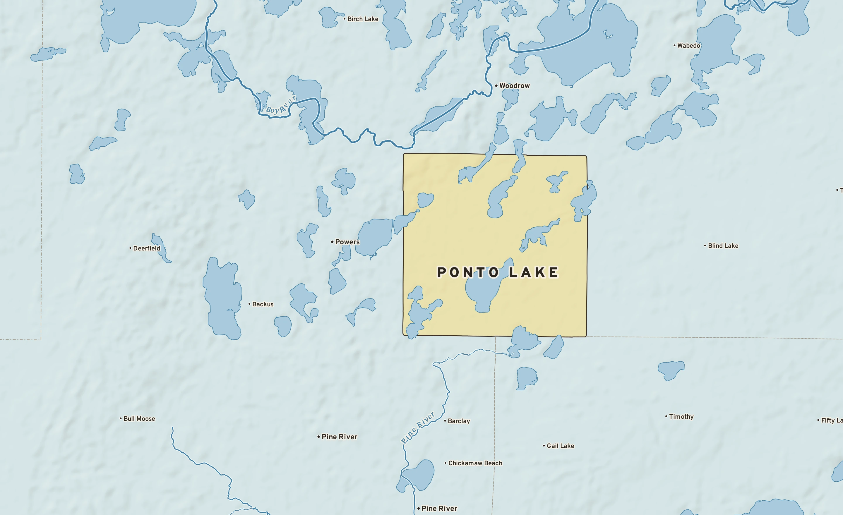 Shaded-relief atlas plate of Ponto Lake, Minnesota: rivers, roads, the city limits and where the water drains.