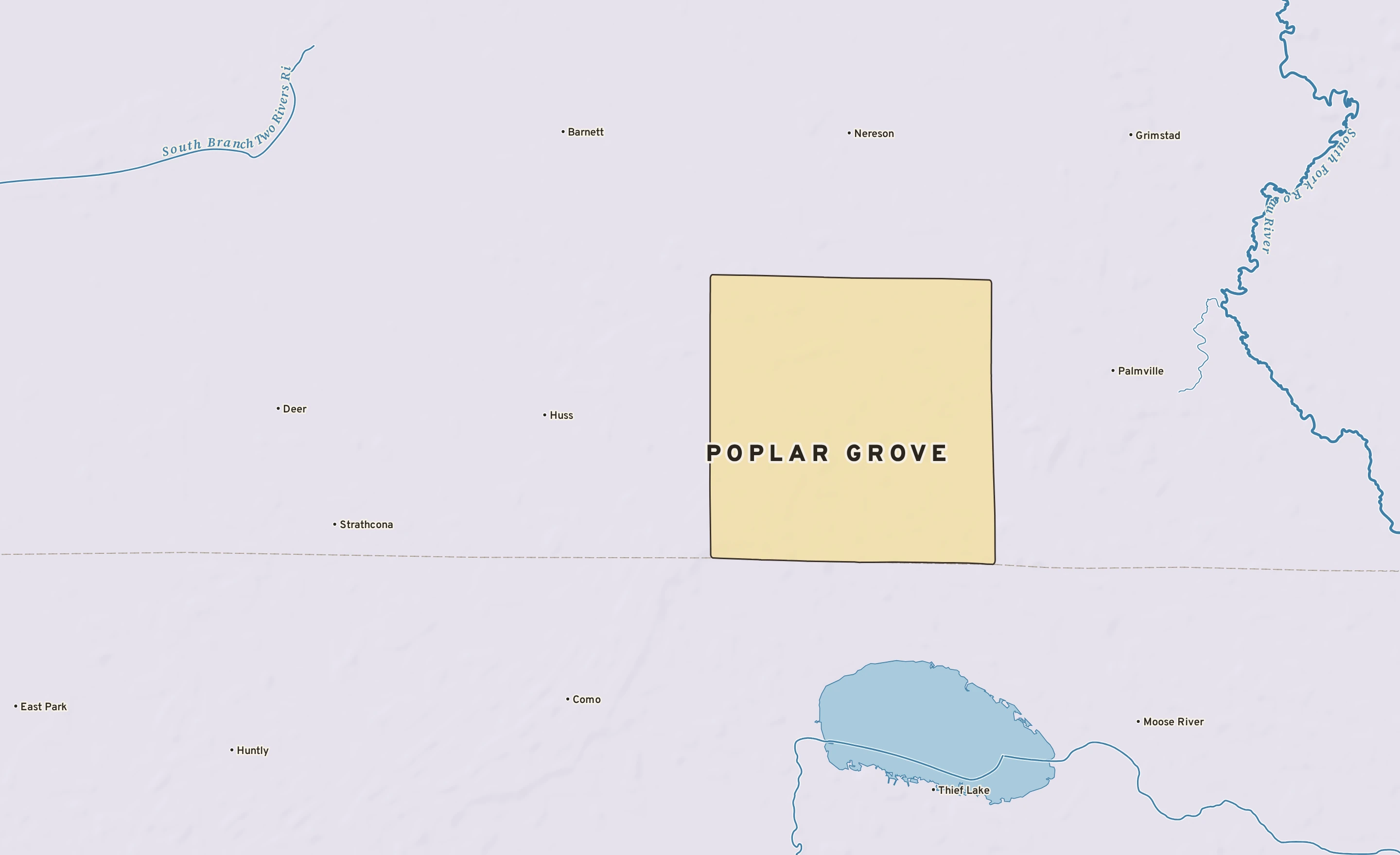Shaded-relief atlas plate of Poplar Grove, Minnesota: rivers, roads, the city limits and where the water drains.