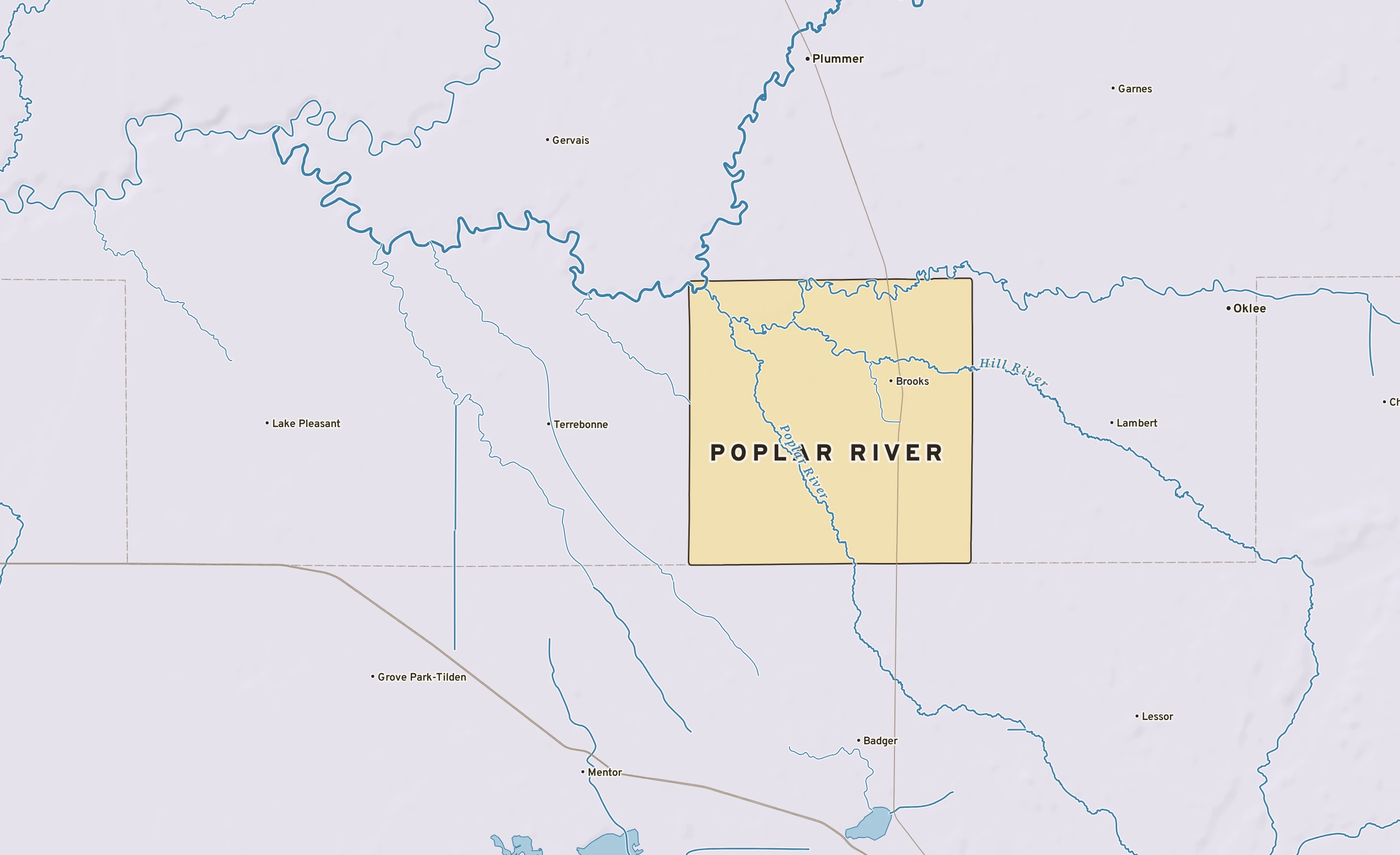 Shaded-relief atlas plate of Poplar River, Minnesota: rivers, roads, the city limits and where the water drains.