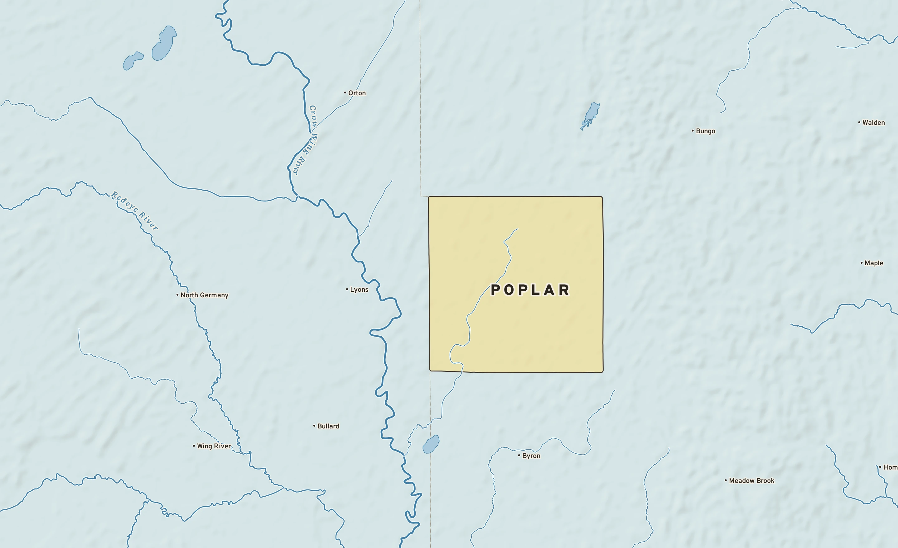 Shaded-relief atlas plate of Poplar, Minnesota: rivers, roads, the city limits and where the water drains.