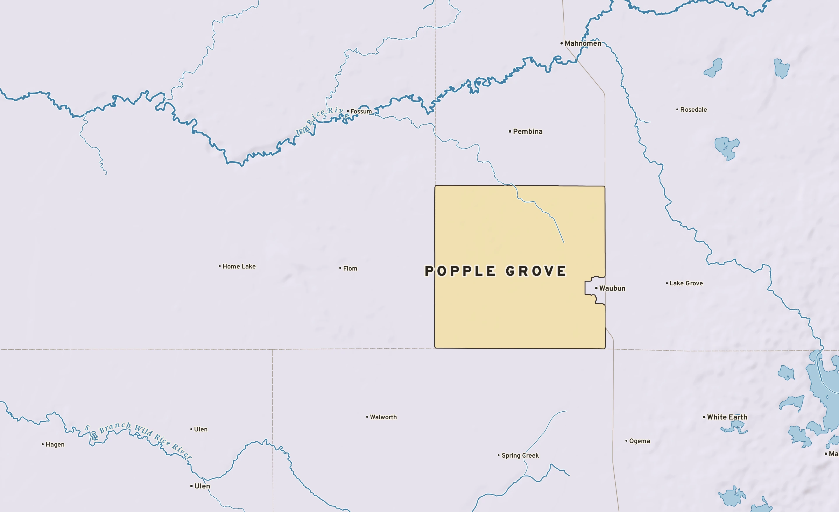 Shaded-relief atlas plate of Popple Grove, Minnesota: rivers, roads, the city limits and where the water drains.